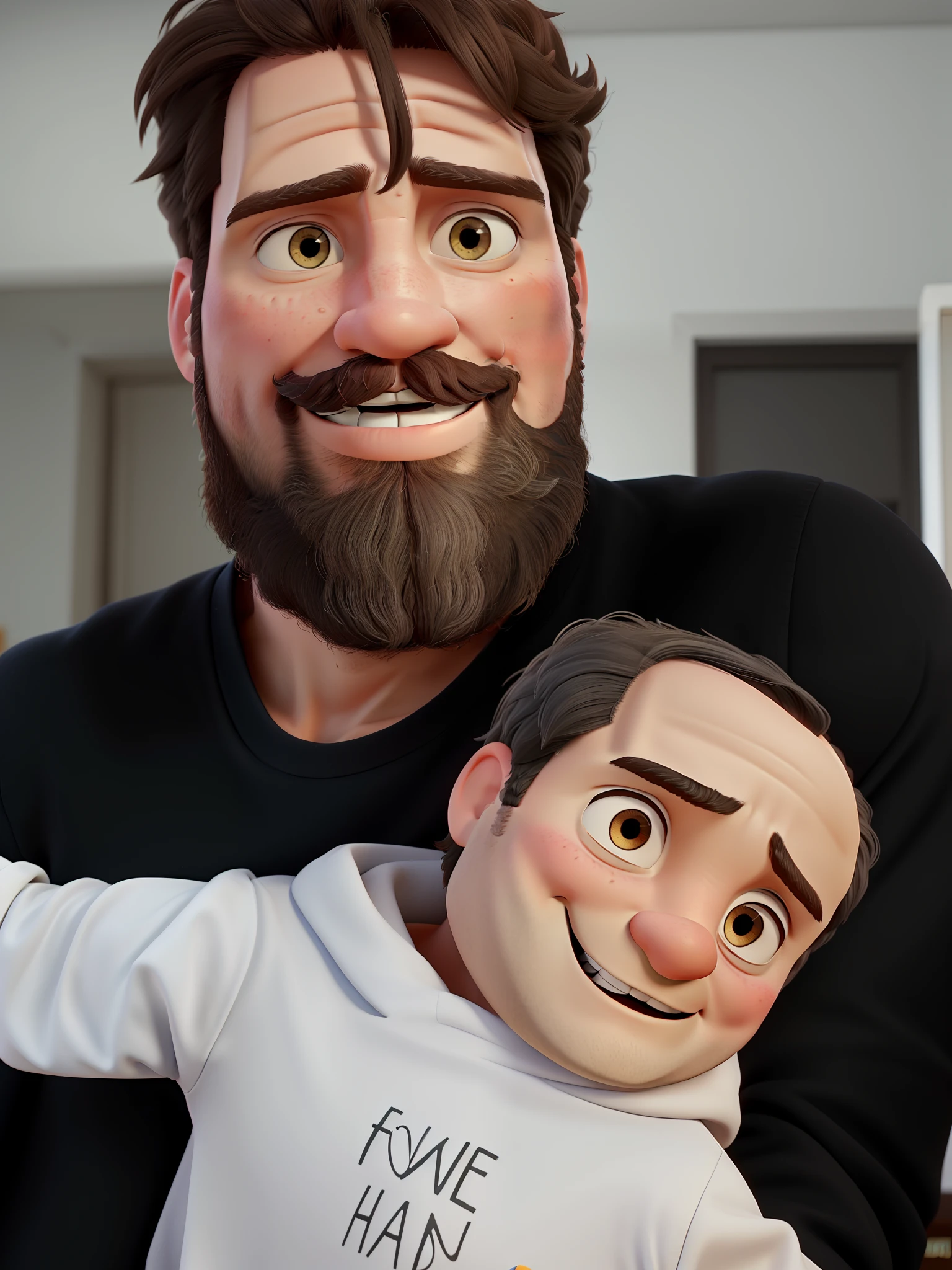 A white man with a black beard and hair, holding a boy, disney pixar style, high quality, best quality