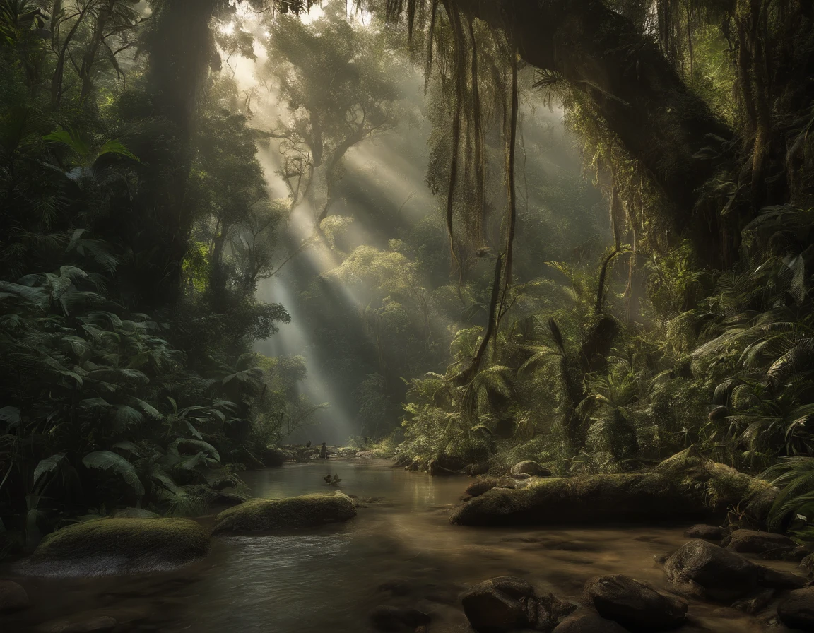 (best quality,4k,8k,Altas,master part:1.2),ultra-detalhado,(Realistic,fotorrealista,photo-realistic:1.37),bela paisagem exuberante da selva,atmosfera serena,cores harmoniosas,Sunshine filtering through the dense foliage,atmosfera matinal enevoada,floating mist,Cachoeira Refrescante,Tall ancient trees with intricate roots,exotic tropical flowers in full bloom,Vibrant wildlife bustling among the trees,Rio tranquilo serpenteando pela selva,Hidden treasures and ancient ruins waiting to be discovered,Ethereal glow illuminating the scene,sons tranquilos da natureza,Paradisiacal scenery,profundidade impressionante e tridimensionalidade,Immaculate attention to detail,pinceladas de estilo impressionista,Legendary and awe-inspiring scene,Aventura na selva chamando as almas ousadas e curiosas