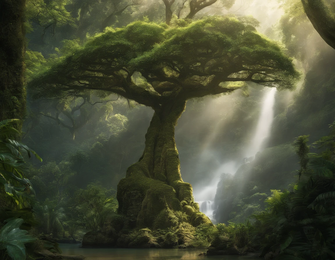 (best quality,4k,8k,Altas,master part:1.2),ultra-detalhado,(Realistic,fotorrealista,photo-realistic:1.37),bela paisagem exuberante da selva,atmosfera serena,cores harmoniosas,Sunshine filtering through the dense foliage,atmosfera matinal enevoada,floating mist,Cachoeira Refrescante,Tall ancient trees with intricate roots,exotic tropical flowers in full bloom,Vibrant wildlife bustling among the trees,Rio tranquilo serpenteando pela selva,Hidden treasures and ancient ruins waiting to be discovered,Ethereal glow illuminating the scene,sons tranquilos da natureza,Paradisiacal scenery,profundidade impressionante e tridimensionalidade,Immaculate attention to detail,pinceladas de estilo impressionista,Legendary and awe-inspiring scene,Aventura na selva chamando as almas ousadas e curiosas