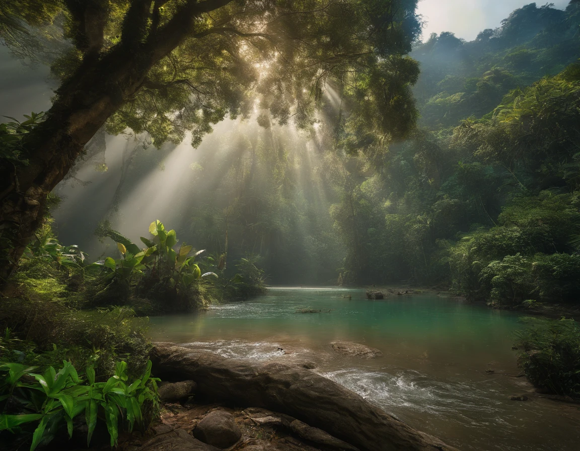 (best quality,4k,8k,Altas,master part:1.2),ultra-detalhado,(Realistic,fotorrealista,photo-realistic:1.37),bela paisagem exuberante da selva,atmosfera serena,cores harmoniosas,Sunshine filtering through the dense foliage,atmosfera matinal enevoada,floating mist,Cachoeira Refrescante,Tall ancient trees with intricate roots,exotic tropical flowers in full bloom,Vibrant wildlife bustling among the trees,Rio tranquilo serpenteando pela selva,Hidden treasures and ancient ruins waiting to be discovered,Ethereal glow illuminating the scene,sons tranquilos da natureza,Paradisiacal scenery,profundidade impressionante e tridimensionalidade,Immaculate attention to detail,pinceladas de estilo impressionista,Legendary and awe-inspiring scene,Aventura na selva chamando as almas ousadas e curiosas
