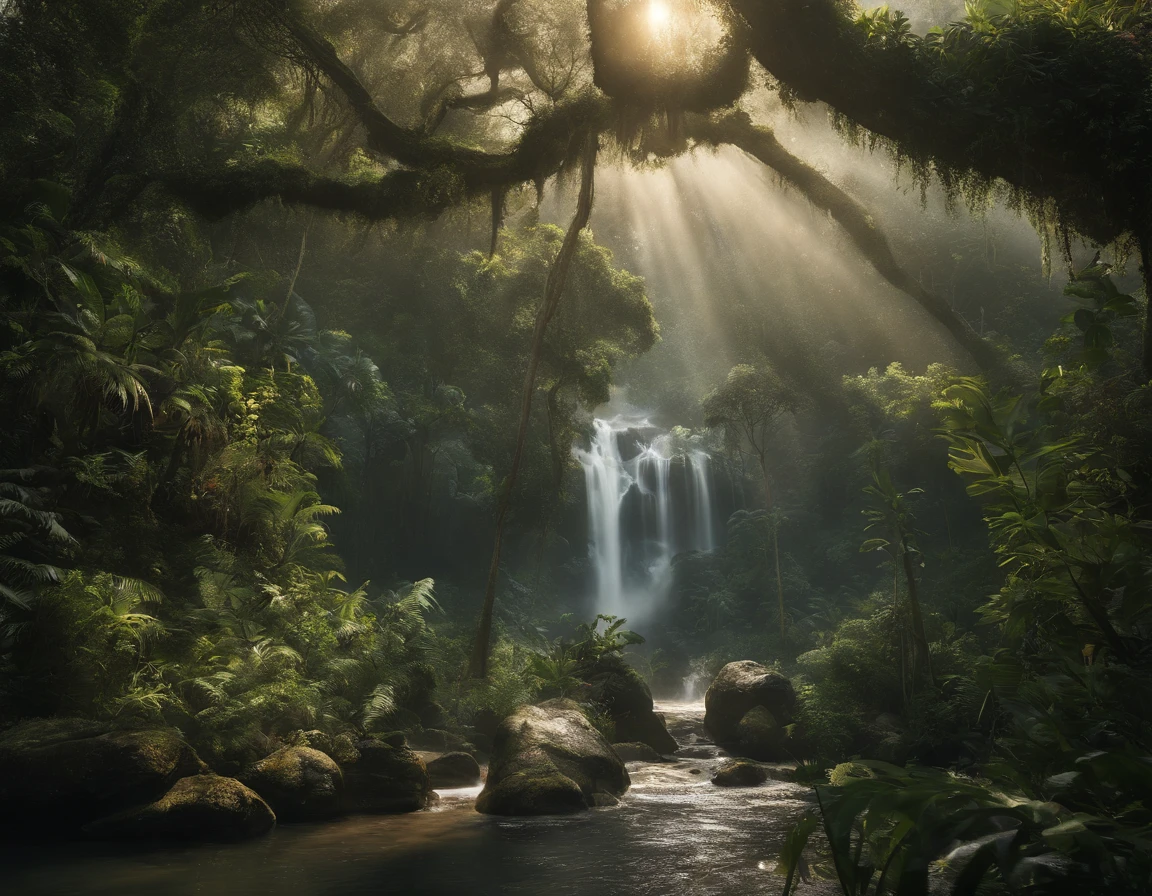 (best quality,4k,8k,Altas,master part:1.2),ultra-detalhado,(Realistic,fotorrealista,photo-realistic:1.37),bela paisagem exuberante da selva,atmosfera serena,cores harmoniosas,Sunshine filtering through the dense foliage,atmosfera matinal enevoada,floating mist,Cachoeira Refrescante,Tall ancient trees with intricate roots,exotic tropical flowers in full bloom,Vibrant wildlife bustling among the trees,Rio tranquilo serpenteando pela selva,Hidden treasures and ancient ruins waiting to be discovered,Ethereal glow illuminating the scene,sons tranquilos da natureza,Paradisiacal scenery,profundidade impressionante e tridimensionalidade,Immaculate attention to detail,pinceladas de estilo impressionista,Legendary and awe-inspiring scene,Aventura na selva chamando as almas ousadas e curiosas