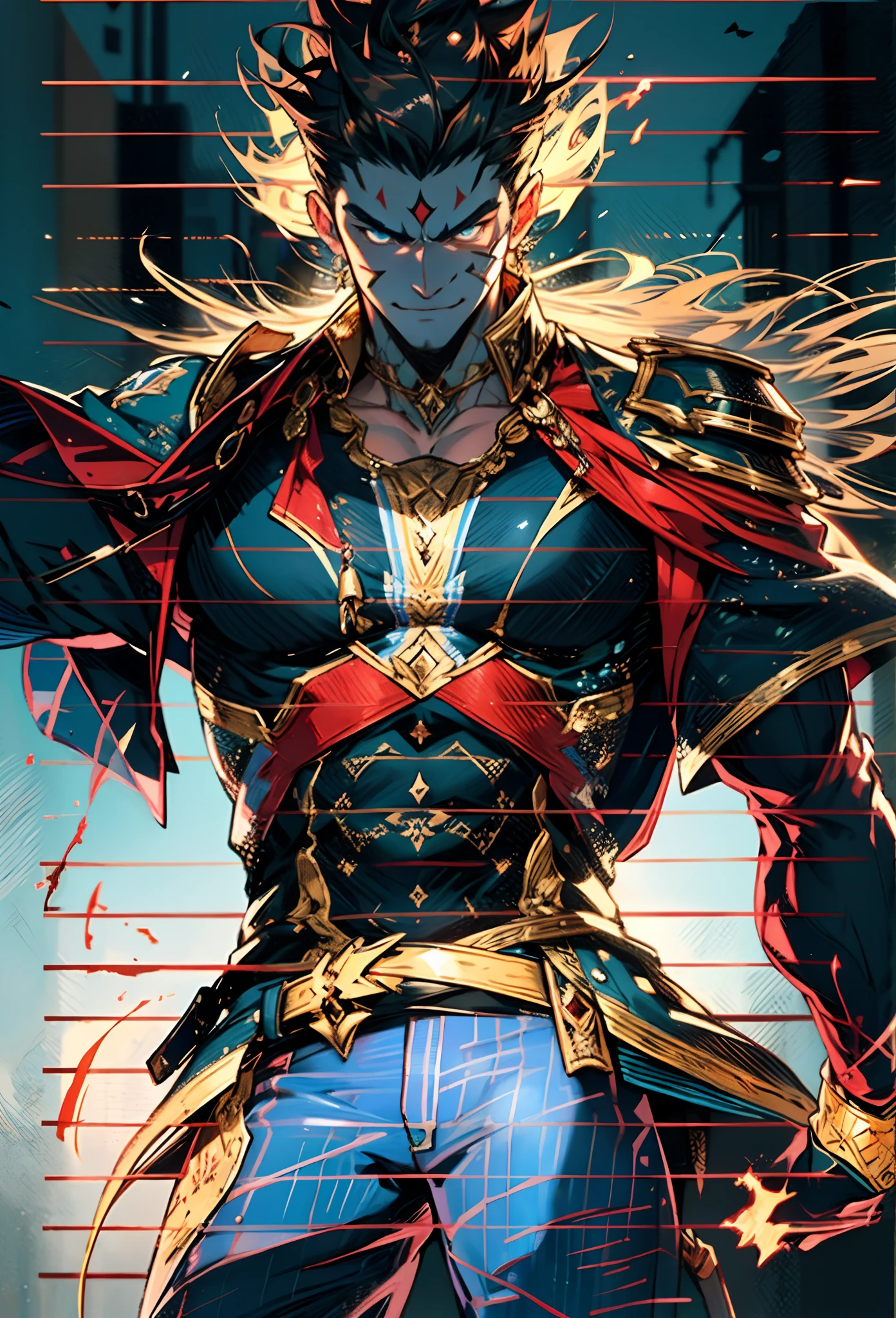 A middle-aged man of about 40, long hair in a striking red and black combination, wild and disheveled hairstyle, a fierce gaze, a confident smile, A lightning-shaped tattoo adorns his left face , a sturdy physique, a majestic fantasy-style coat with short sleeves, a form-fitting scale armor undershirt, wrist guards on his wrists, coarse cloth pants, e stands tall like a divine figure against a background of crumbling earth, with floating debris all around, this character embodies a finely crafted child with a fantasy-style dominant in anime style, characterized by an exquisite and mature manga illustration art style, high definition, best quality, highres, ultra-detailed, ultra-fine painting, extremely delicate, professional, anatomically correct, symmetrical face, extremely detailed eyes and face, high quality eyes, creativity, RAW photo, UHD, 8k, Natural light, cinematic lighting, masterpiece-anatomy-perfect, masterpiece:1.5