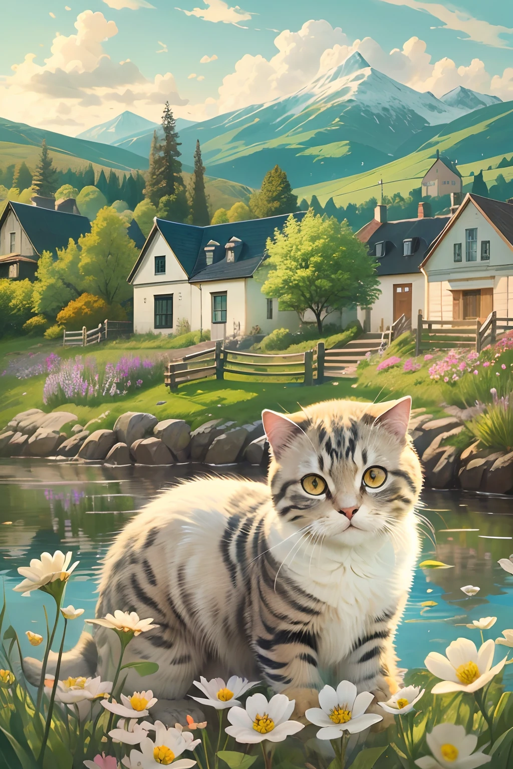 scottish fold cat, adorable, lakeside, the background is houses, nowy mountain, wild flower