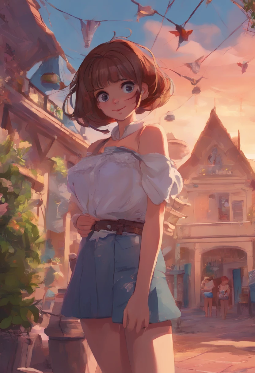 (8k, Foto RAW, best quality, master part: 1.2), (Realistic, photo-realistic: 1.37), ultra-detalhado, 1 girl, fofo, sozinho, beautiful detailed sky, detailed café, Noite, sentado, (nariz corado), (sorrir: 1.1), (boca fechada), medium breasts, belos olhos detalhados, (camisa de gola: 1.1), gravata borboleta, saia plissada, (short hair: 1.2), cabelos longos, tomar sorvete grande, estilo pixar