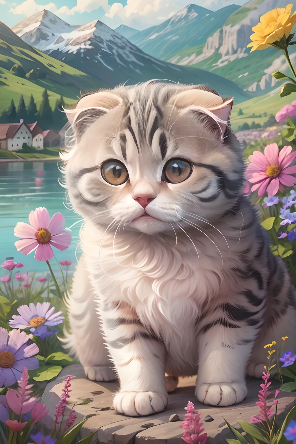 scottish fold cat, adorable, lakeside, the background is houses, nowy mountain, wild flower