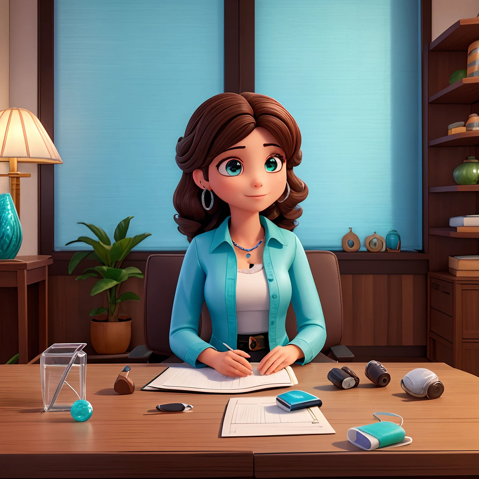 mulher sentada em uma mesa com uma variedade de itens sobre ela, presenting wares, Vendedores de estilo 2000, joias de cristal,brinco e maquiagem ,vendendo seus produtos, Divirta-se, Healthy Techno ,medium brown hair curled ,vendedora de cristal