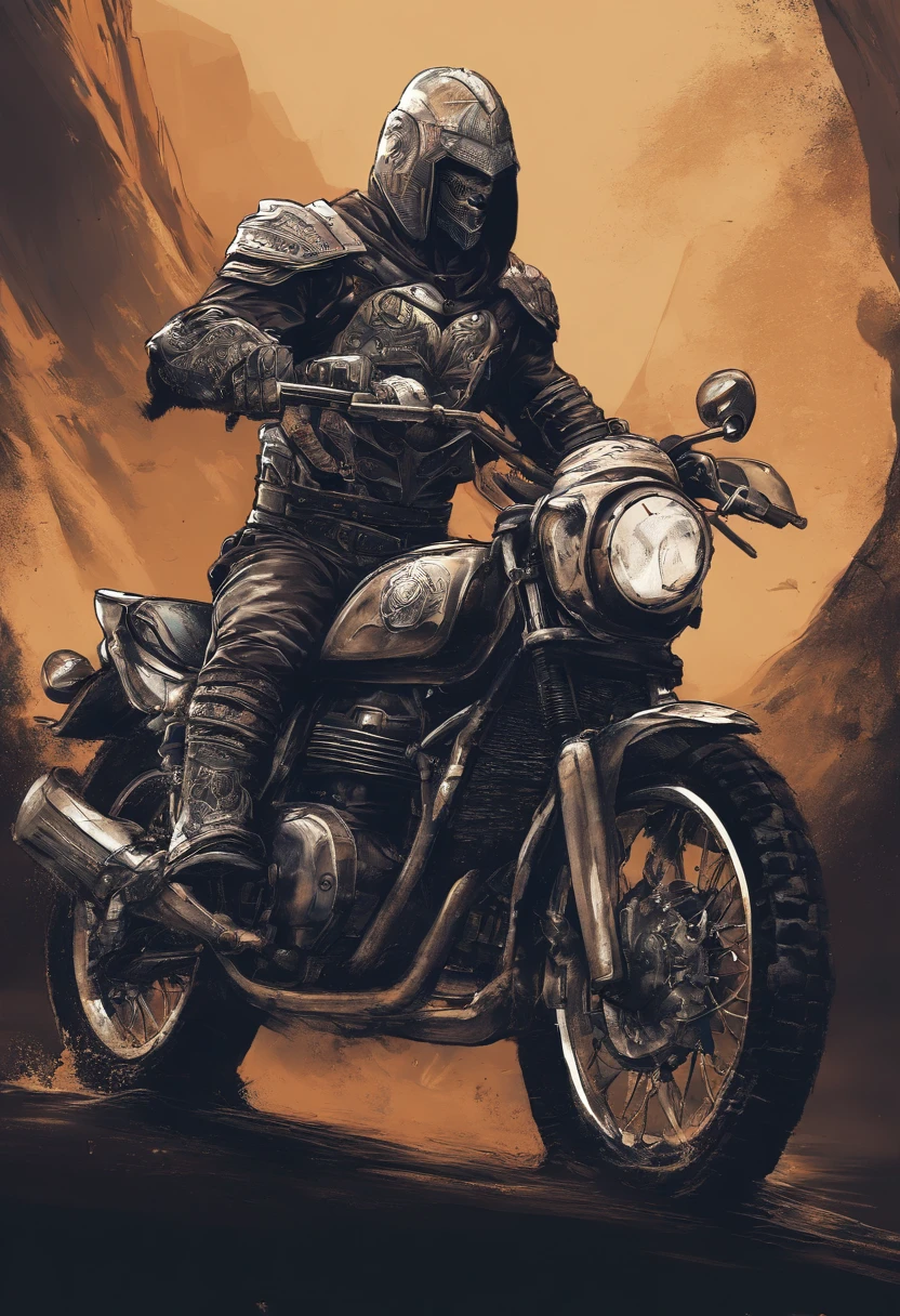 Um careca com barba espartana, Templar warrior tattoo on left arm, em cima de uma moto triumph no litoral