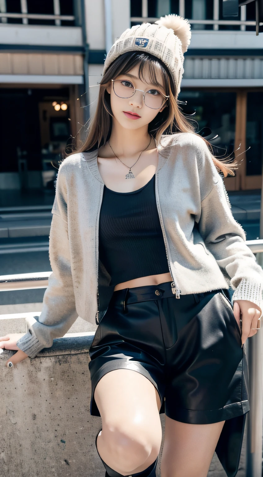 （３２K,high-detail,high detal,hight resolution,highdensity,独奏,Lori：1.3）,（Realistic people,Live action,A detailed eye,High resolution eyes,Fine eyes,Eyes that look like they are alive,beautiful dark blue eyes,Fishing eyes,Detailed lips,Crystal clear white skin,detailed realistic faces：1.3）,（Japanese ido,Korean Idols,model in Japan,Korean models,Korean K-Pop Female Idols：1.2）,（with a flushed face,natural make up,a necklace,piercings,Navel piercing：1.4）（Military Cargo Pants,Colorful tops with oversized silhouettes,Large coat,Leather boots,Knitted hats,Mode-based beautiful eye casual：1.6）,（well-shaped breasts：1.5）,（Young but very beautiful Korean１6 years old little girl,Cool eyes,little smiling,facing back,turned around,Looking at the camera,Fashion Leader,fashion modell,Soft skin,Unforgettable eyes,Her eyes are too beautiful,I want to go to Paris Collection.....,Cutting-edge fashion：1.6）,（showing your whole body,Show full-body fashion,Stylish blue glasses：1.7）