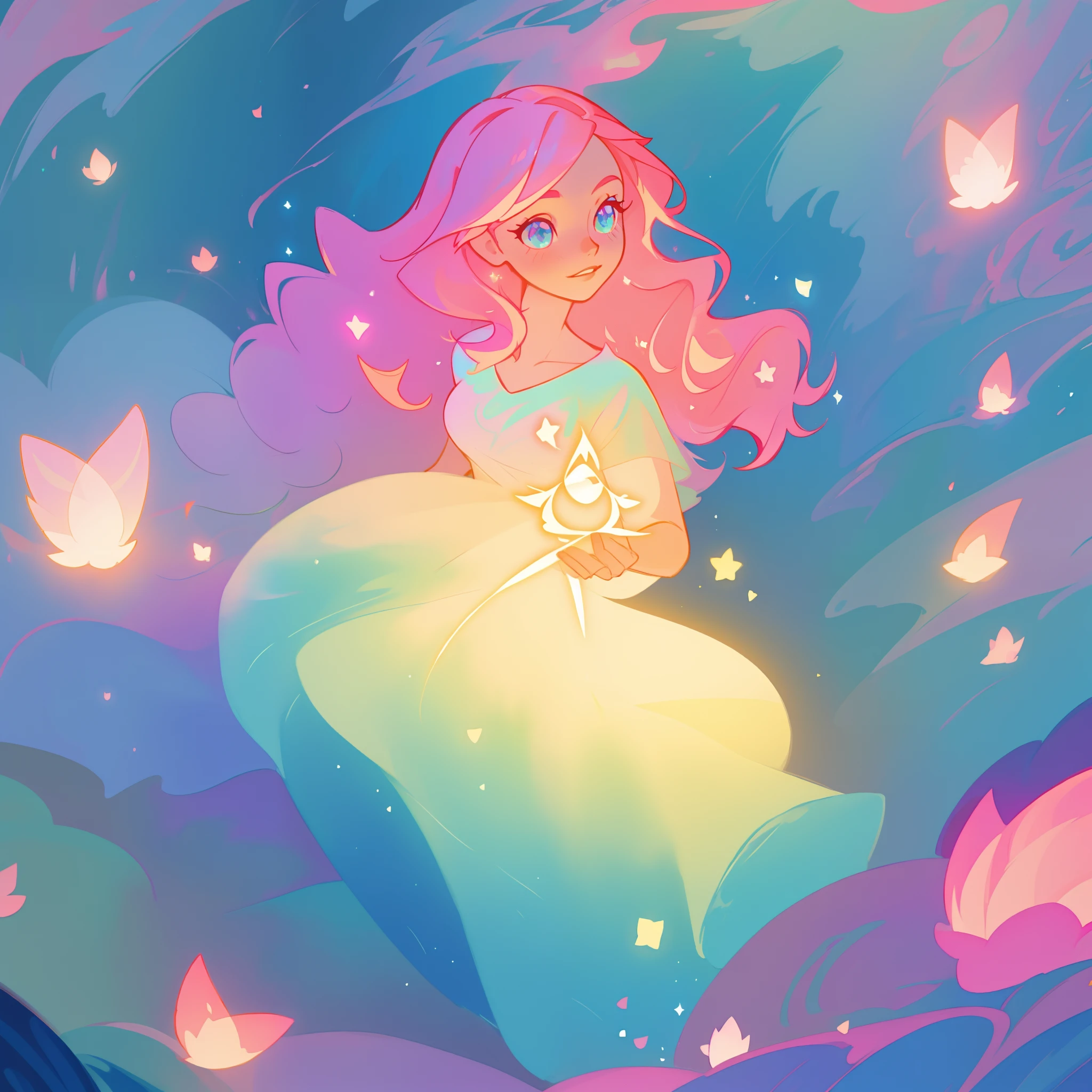 beautiful girl in flowing gradient layered ballgown, flowing pink hair, whimsical fantasia and flowers background, vibrant pastel colors, (colorful), magical lights, magical flowers, flowers, glowing lights, red pink long wavy hair, sparkling lines of light, inspired by Glen Keane, inspired by Lois van Baarle, disney art style, by Lois van Baarle, glowing aura around her, by Glen Keane, jen bartel, glowing lights! digital painting, flowing glowing hair, glowing flowing hair, beautiful digital illustration, fantasia background, whimsical, magical, fantasy, beautiful face, ((masterpiece, best quality)), intricate details, highly detailed, sharp focus, 8k resolution, sparkling detailed eyes, liquid watercolor