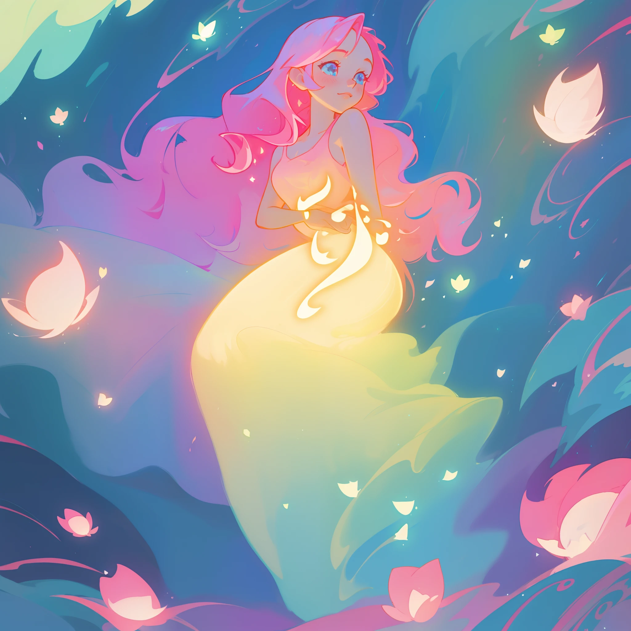 beautiful girl in flowing gradient layered ballgown, flowing pink hair, whimsical fantasia and flowers background, vibrant pastel colors, (colorful), magical lights, magical flowers, flowers, glowing lights, red pink long wavy hair, sparkling lines of light, inspired by Glen Keane, inspired by Lois van Baarle, disney art style, by Lois van Baarle, glowing aura around her, by Glen Keane, jen bartel, glowing lights! digital painting, flowing glowing hair, glowing flowing hair, beautiful digital illustration, fantasia background, whimsical, magical, fantasy, beautiful face, ((masterpiece, best quality)), intricate details, highly detailed, sharp focus, 8k resolution, sparkling detailed eyes, liquid watercolor