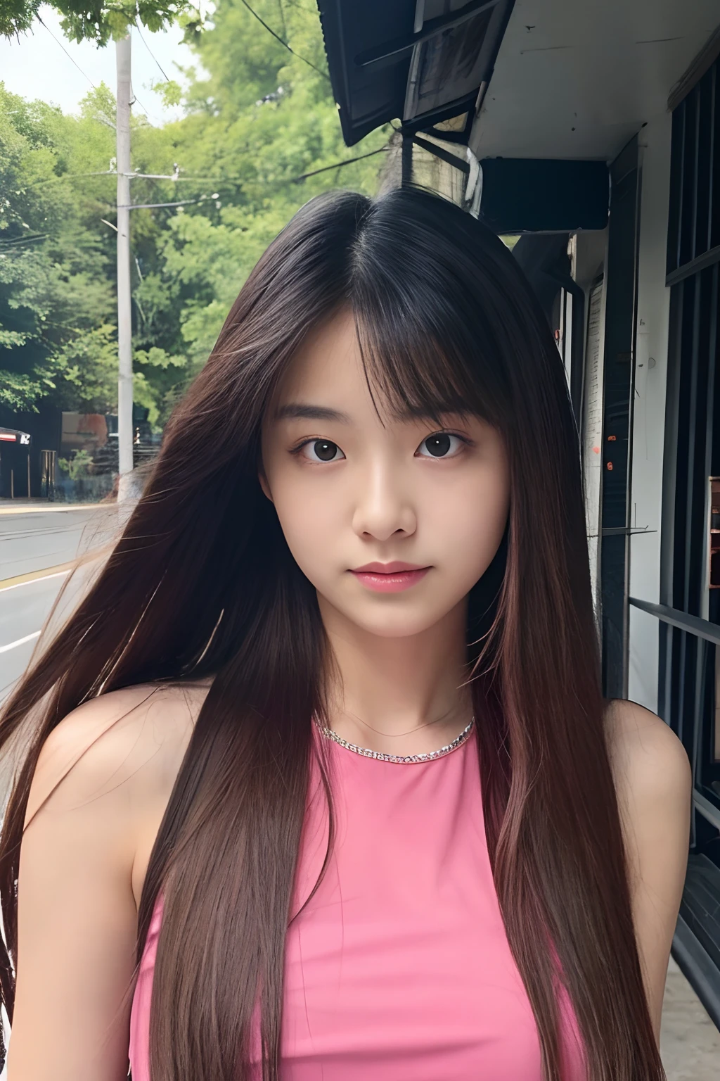 arafed asian girl, standing in front of a patio, asian girl, young asian girl with long dark hair, 1girl, standing, cute girl, chubby, , long hair, naked girl, detail, high quality, 8k