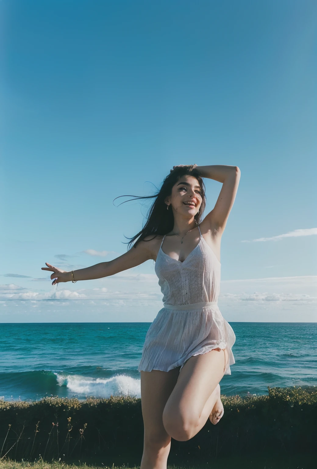 (masterpiece, top quality, best quality, official art, beautiful and aesthetic:1.2), (((Gaia Nobile, 18 years old, big chest, jumping)), ((windy)),(jumping),white clouds, blue sky,(((full body))),highest detailed, (shiny skin) ,(earrings),(arms open)
laughing out loud,
(masterpiece:1.3), (8k, photorealistic, RAW photo, best quality: 1.4),beautiful face, (realistic face), absurdres, attractive, ultra high res, ultra realistic, highly detailed, golden ratio, (outdoor, ocean, dawn)