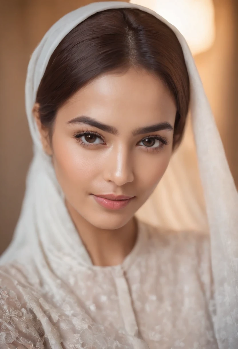 A photograph of an attractive Malay hijab woman, freshly awakened, capturing a home-made style selfie. She looks into the camera with sleepy yet content eyes. Beautiful smile, Background is a cozy bedroom with white linens. Soft, dawn light filters through sheer curtains, casting a golden glow on her face.