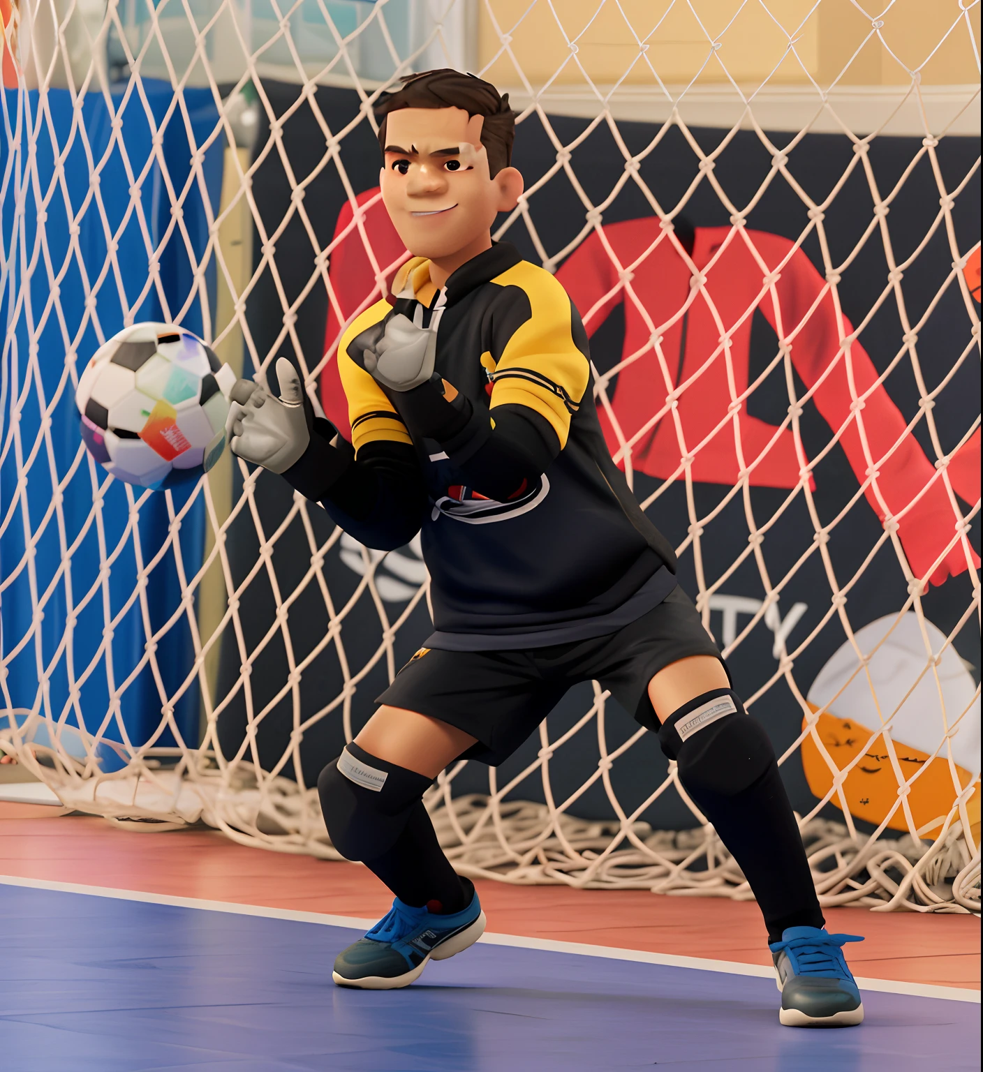 Retrato de um de 7 anos com roupa de goleiro preto e amarelo,, meio corpo, olhando para o telespectador, sorrindo, estilo chibi, cenario de futebol, fundo desfocado, profundidade de campo, detalhado, desenho animado, desenho com tracos do desenhista alex ross, unreal engine, qualidade pixar 8k