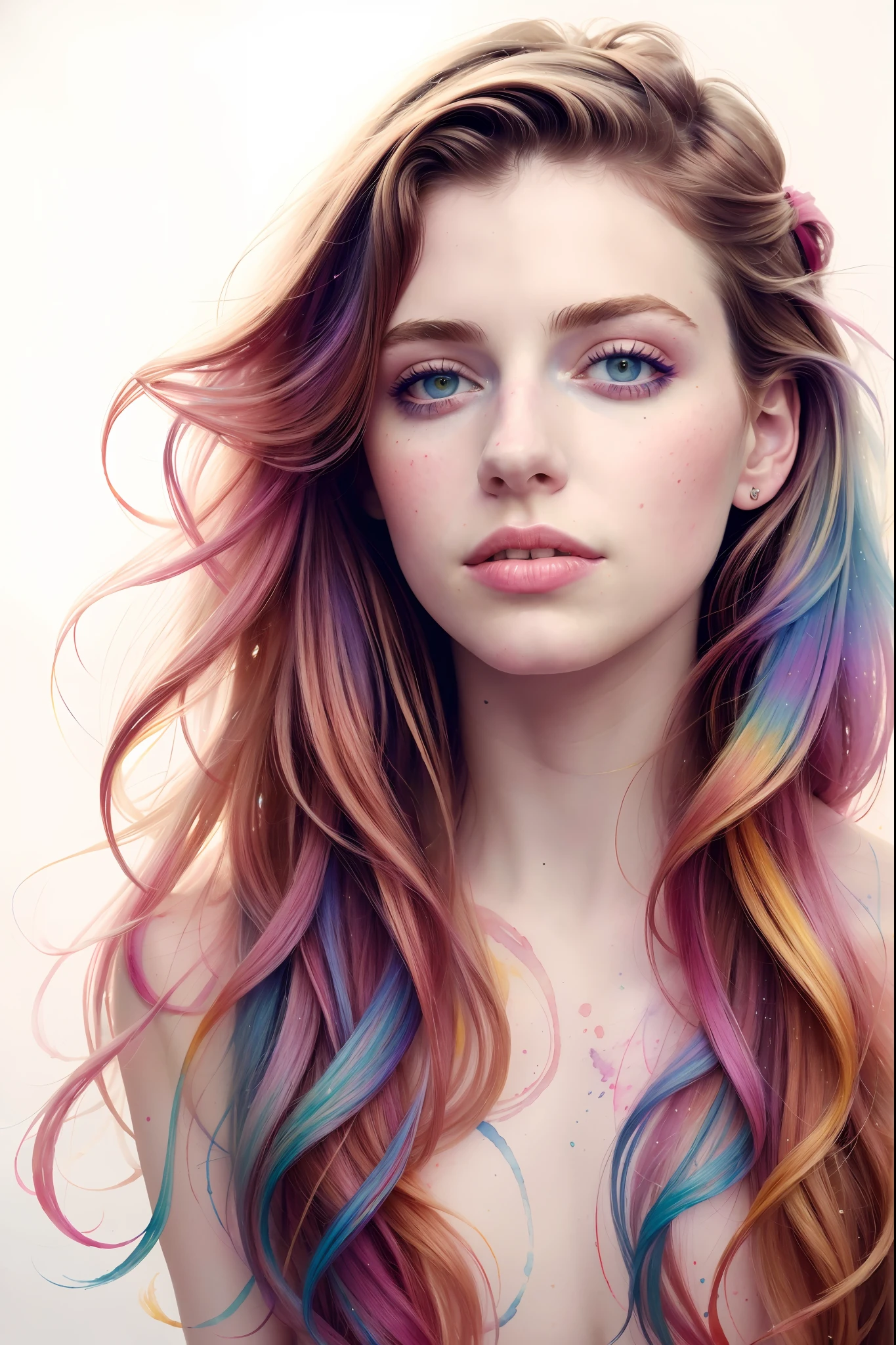 (8k, best quality, masterpiece:1.2),(best quality:1.0), (ultra highres:1.0), watercolour, a beautiful 22 year old french girl with messy shoulder length hair, hair ribbons, by agnes cecile, half body portrait, extremely luminous bright design, pastel colours, (ink:1.3), autumn lights