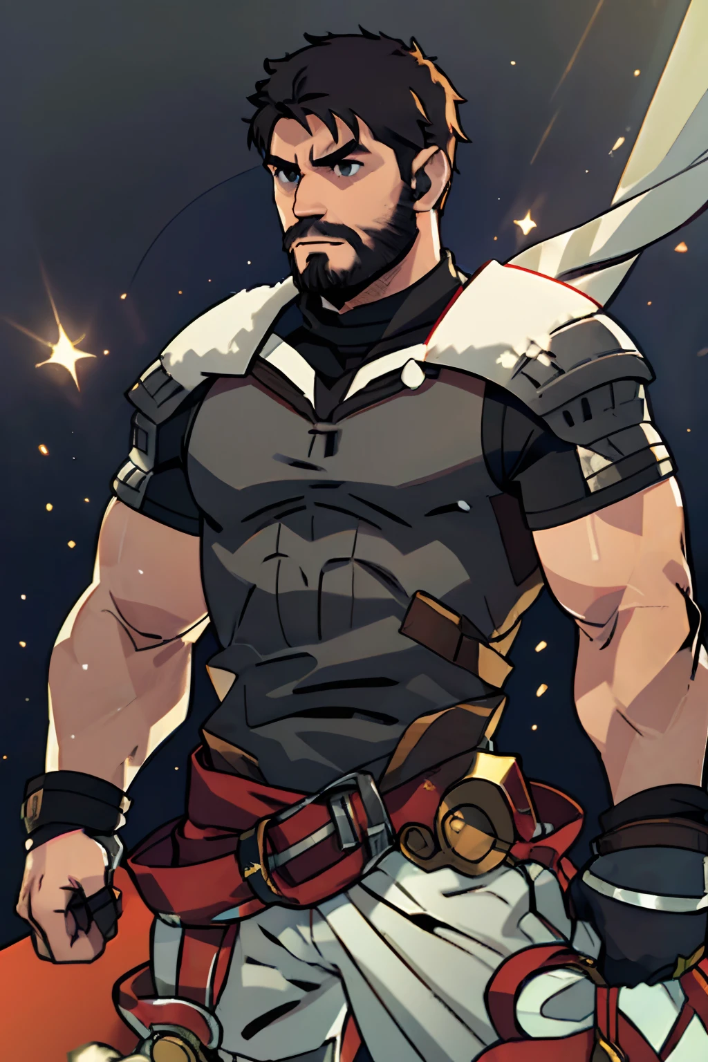 Large medieval kingdom in the background, old mature muscular male, black hair, very short hair, cropped military hairstyle, ((black beard))), ((thick beard)), (((full beard))), ((long beard)), green eyes, bright eyes, 48 years old, muscular male, tall, Piece, athlete, bare biceps, Abs, chest, medieval armor, light armor, red armor, Mystical armor, Golden details on the armor, black details on the armor, elsword style armor, ((arms exposed)), thick beard, Neutral face, cowboy shot, high resolution:1.2, best quality, master part, daylight, Reflection of lens, upper body shot