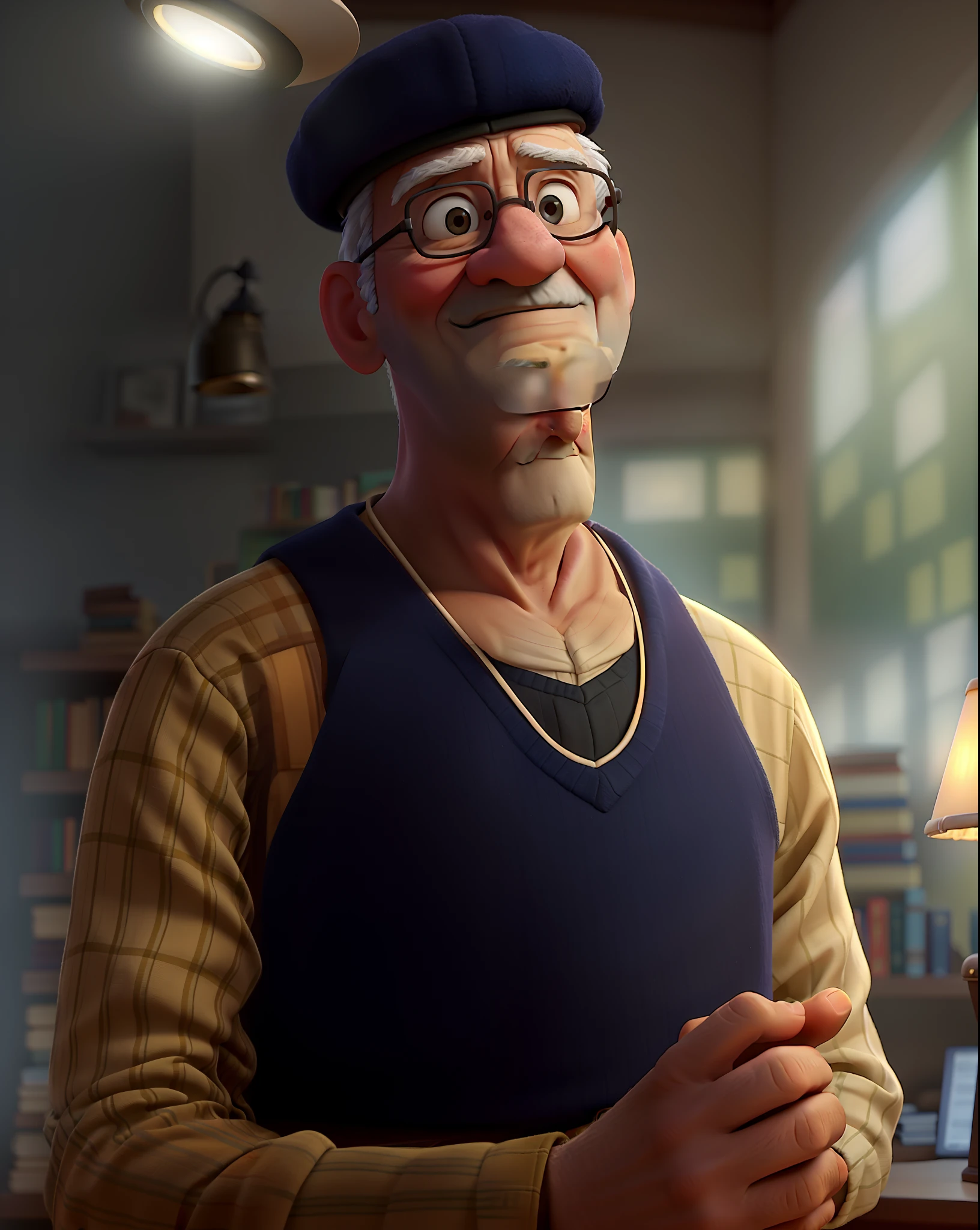 A wise old man standing in front, illuminated by the light of a lamp, against the backdrop of a library