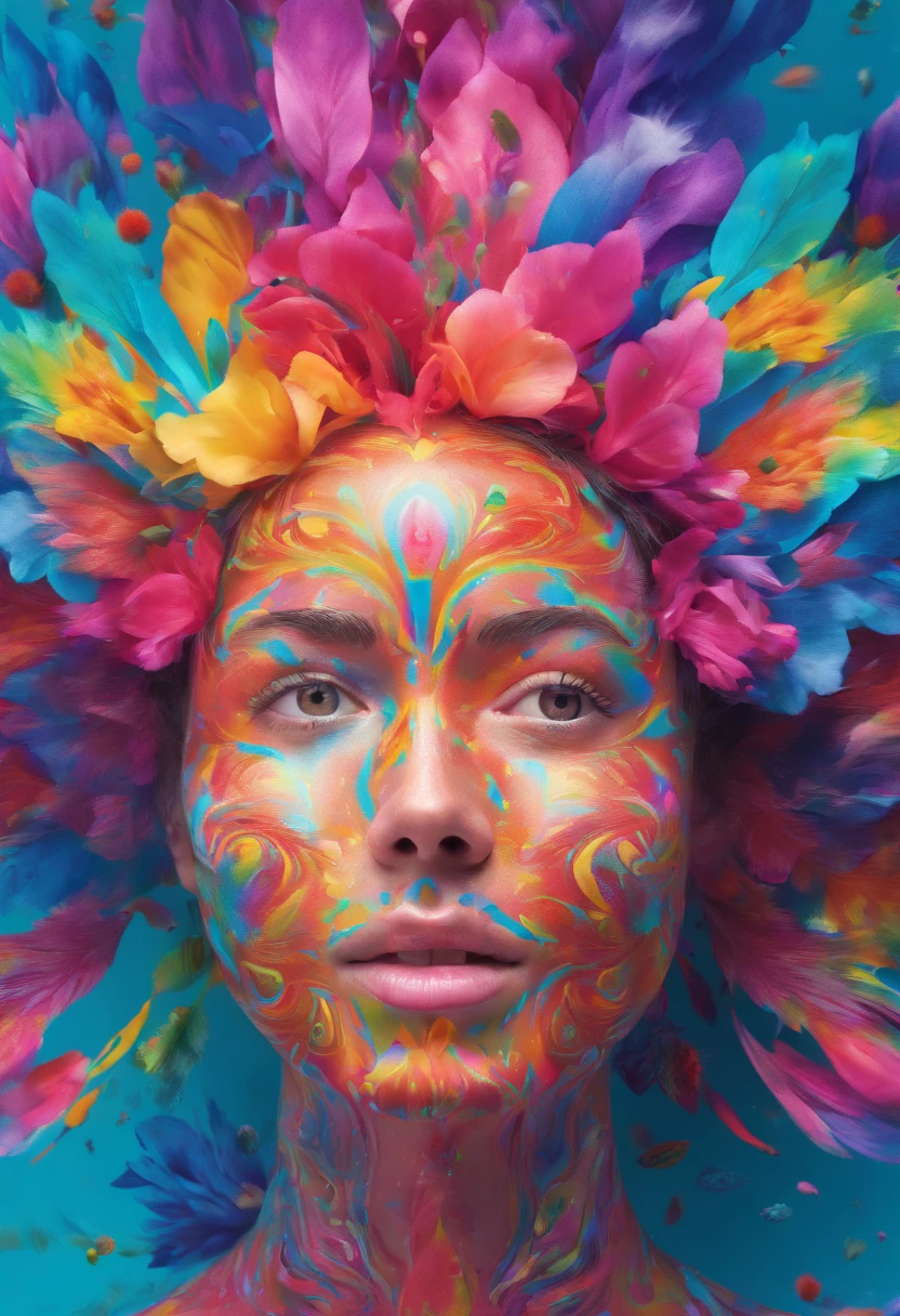 ((of the highest quality, 8k,Foto RAW)), (Realistic, fotorrealista: 1.37), (foco facial: 2.1), mulher na silhueta、30 anos、quebrar、Cosmos flor、Confetes Cosmos、colorido、smoke billowing