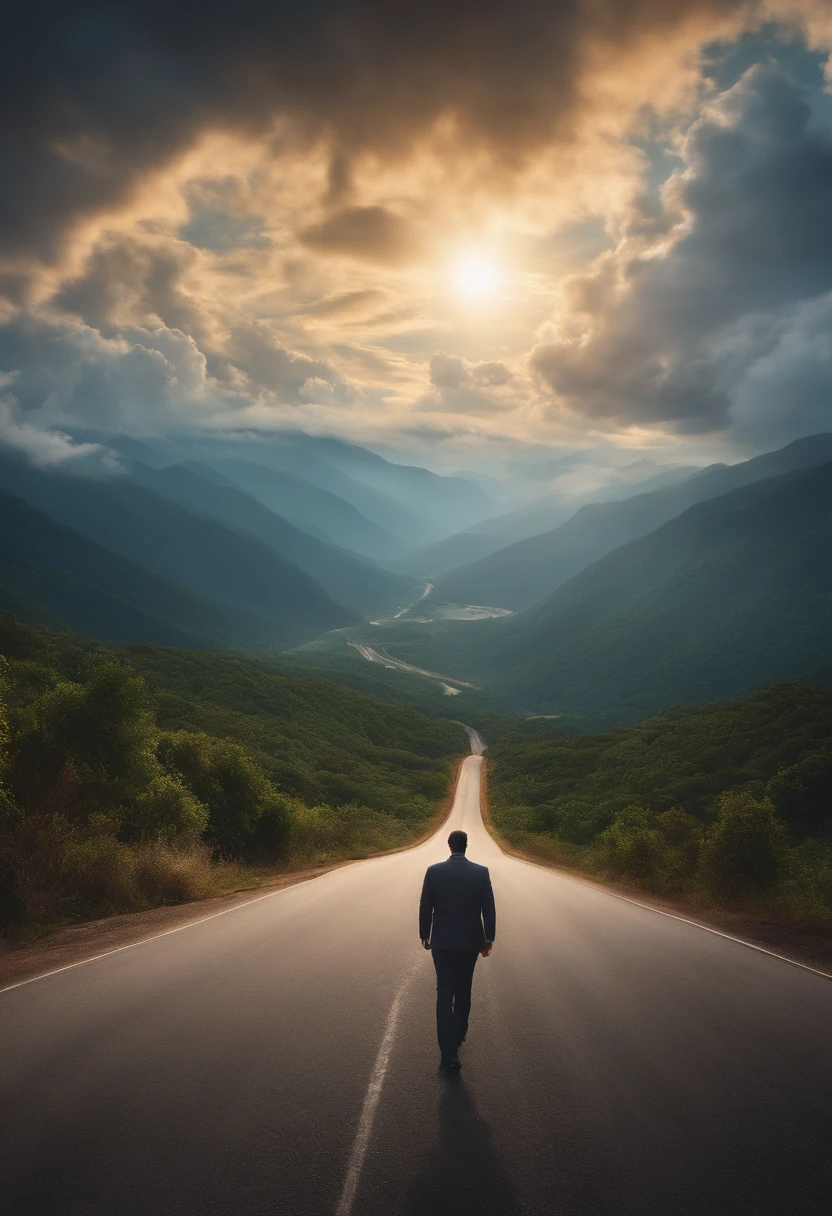 a man on the road to heaven, god, blessed, paradise, clouds, salvation, realistic, 4k, cinematic