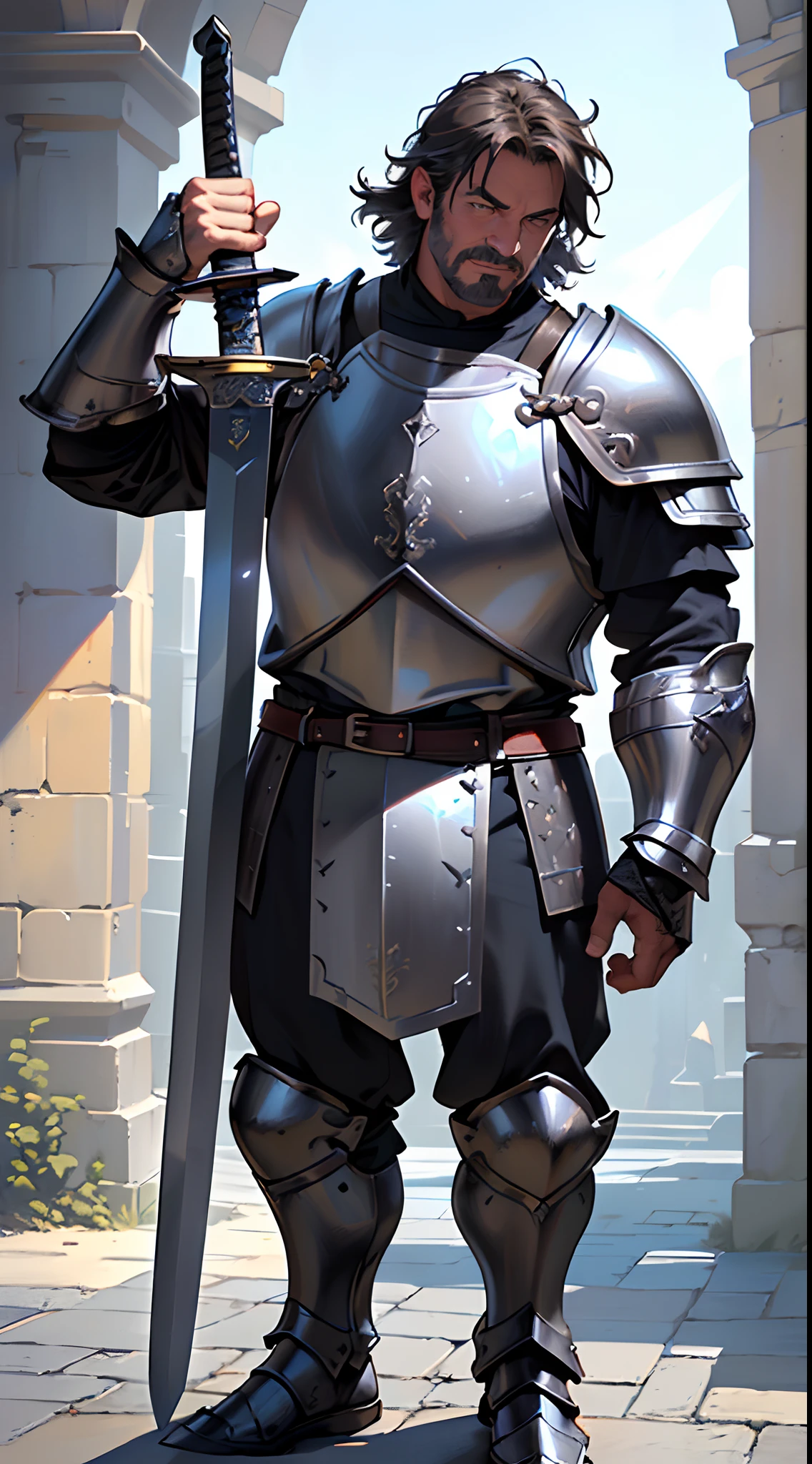 Solo，Absurd resolution、hight resolution、(​masterpiece:1.4)、ultra-detailliert、(Detailed finger),((One middle-aged man)),((Knights))、((Nightman)),Fantasy costume,Original Character,((Wearing armor))、((Heavy armor、breastplates)),(With a Western sword:1.5),((Costumes of medieval Europe)),, (Facing:1.2),(Full body portrait),(Standing:1.3),((white backgrounid:1.4))