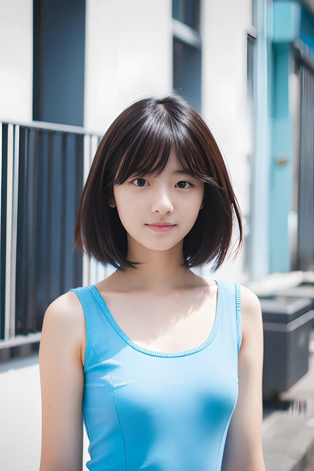 18-year-old girl, short detailed hair, Photo., Light blue top