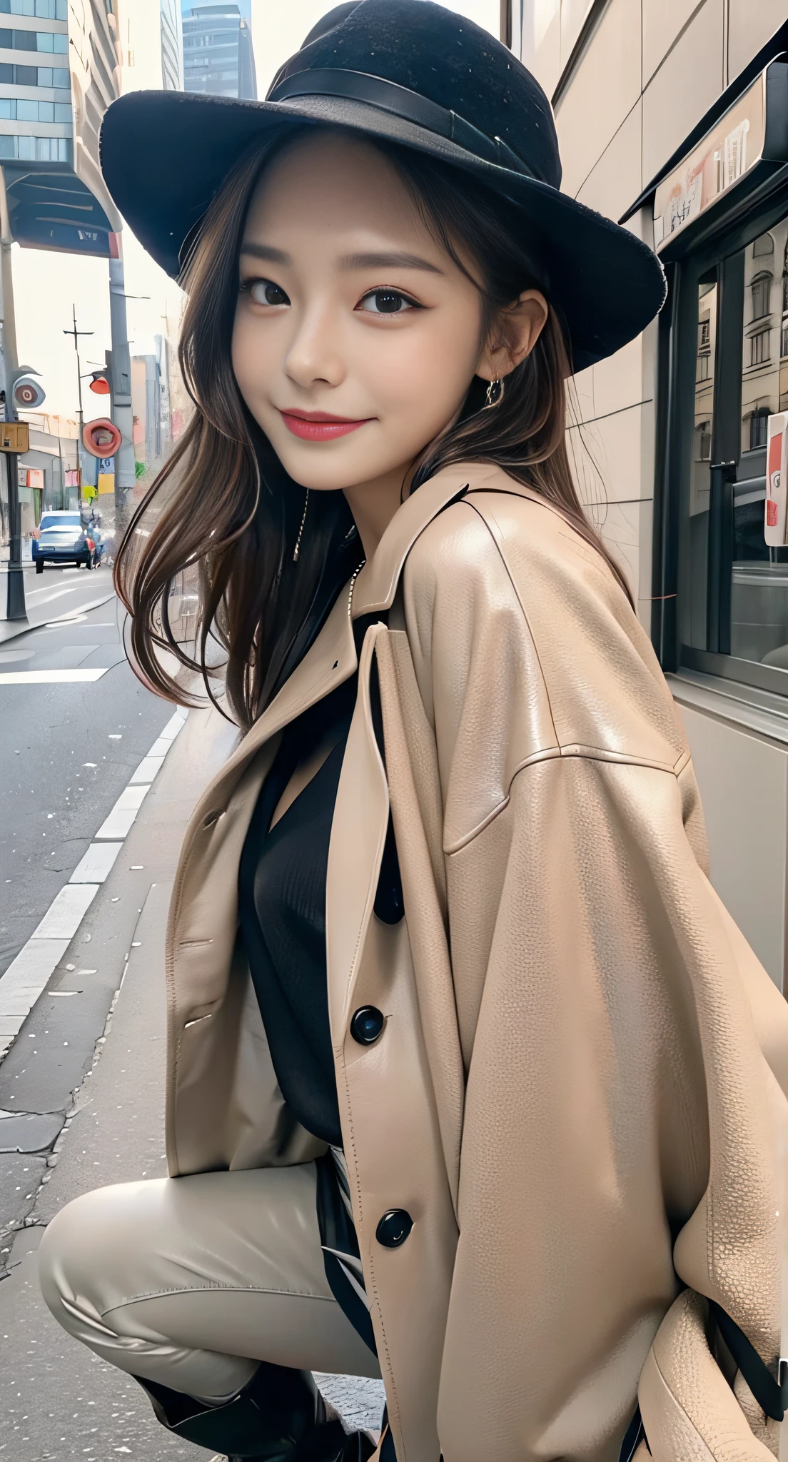 (32K,high-detail,high detal,hight resolution,highdensity,独奏:1.3),(Realistic people,Live action,A detailed eye,High resolution eyes,Fine eyes,Eyes that look like they are alive,beautiful dark blue eyes,Fishing eyes,Detailed lips,Crystal clear white skin,detailed realistic faces:1.3),(Japanese ido,Korean Idols,model in Japan,Korean models,Korean K-Pop Female Idols:1.2),(with a flushed face,natural make up,a necklace,piercings,Navel piercing:1.4)(Cargo pants,Colorful tops with oversized silhouettes,Coat with a large silhouette,Leather boots,Hats,Mode-based beautiful eye casual:1.6),(well-shaped breasts:1.5),(Sexy and very beautiful koreans16 years old little girl,Cool eyes,little smiling,facing back,turned around,Looking at the camera,Fashion Leader,fashion modell,Soft skin,Unforgettable eyes,Her eyes are too beautiful,I want to go to Paris Collection...,Cutting-edge fashion:1.6),(showing your whole body,Show full-body fashion,Fashion that stands out:1.7)