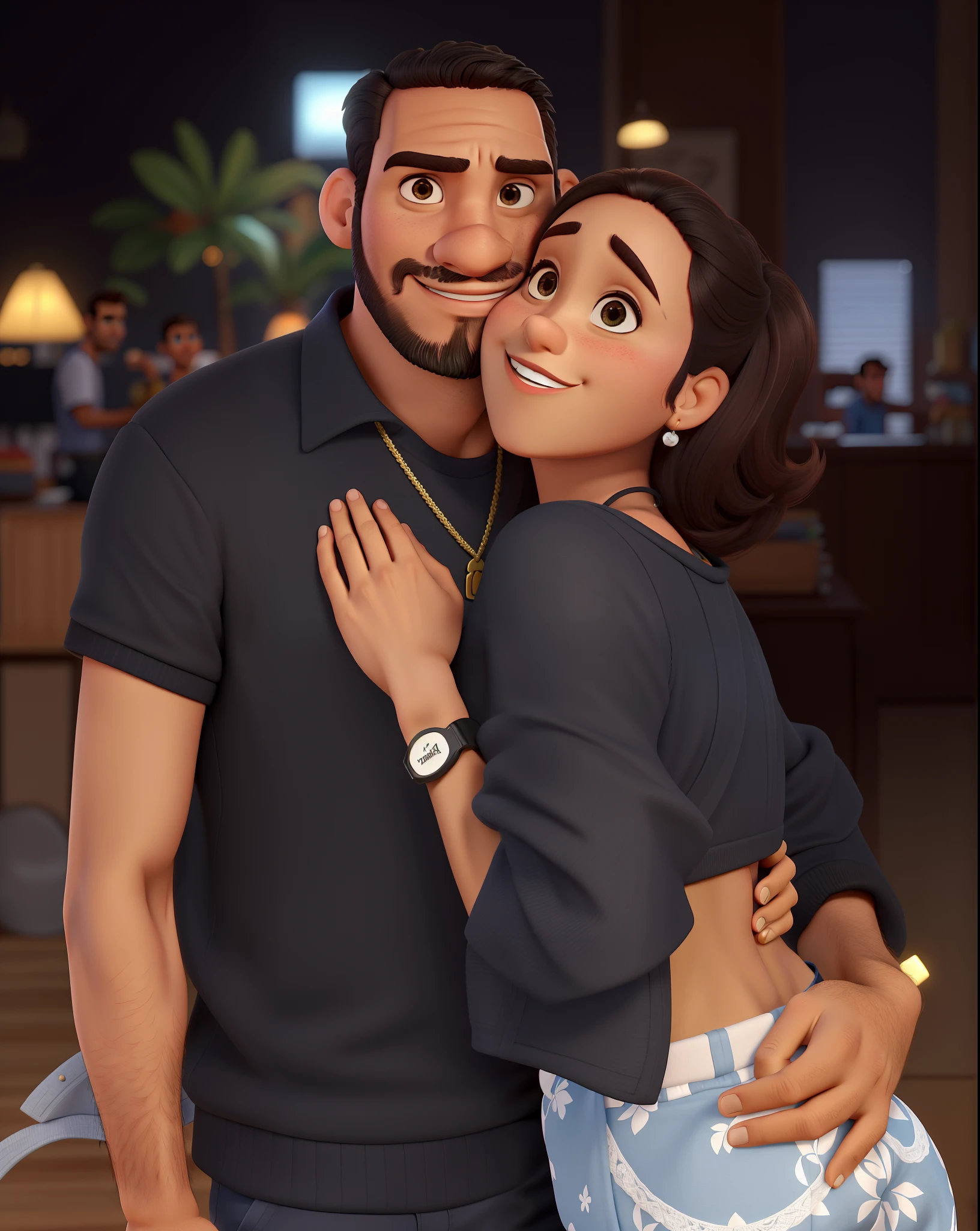 Melhor qualidade, alta qualidade, estilo pixar,  casal cor de pele negra,  Serious man, homen com barba, cabelos crespo, mulher sorrindo.