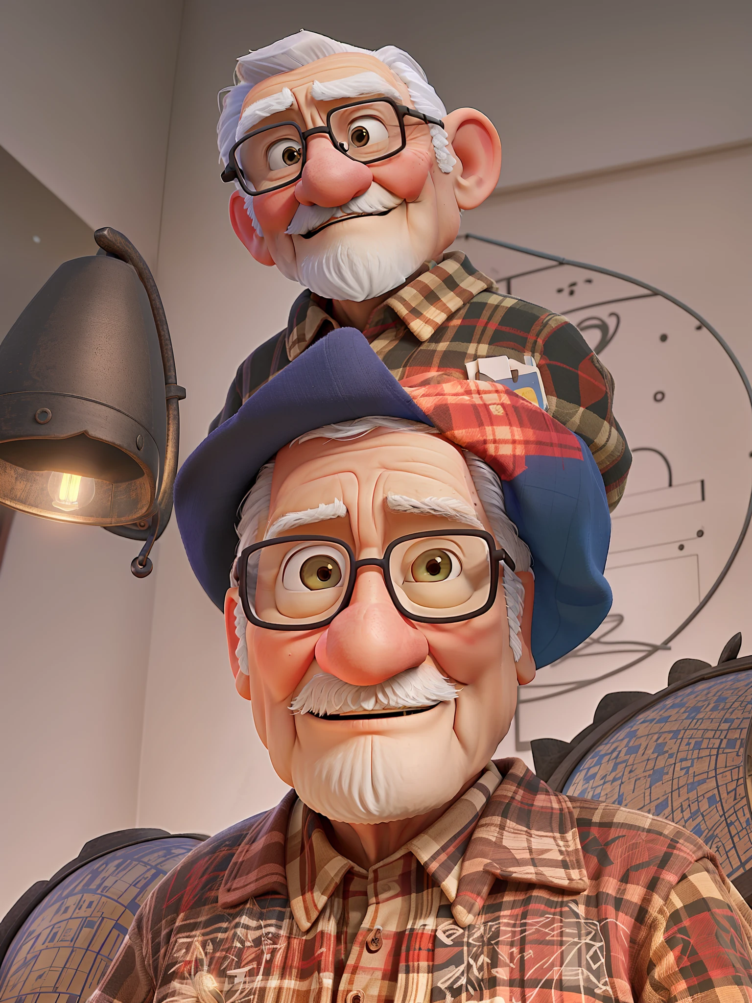 A wise old man standing in front, illuminated by the light of a lamp, against the backdrop of a library