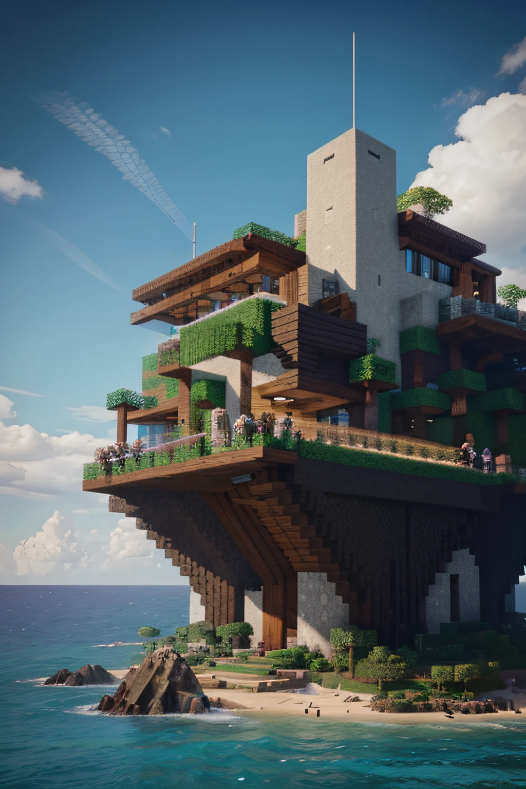 Por favor, crie um logotipo para 'Brasil Studios' inspirado no universo de Minecraft. The image should include an island surrounded by water, with an NPC standing on the island. The NPC must have a specific skin that I'll describe below. A ilha deve ser pitoresca e cheia de detalhes do jogo, like trees, Animals and building elements. Make sure the name 'Brasil Studios' is prominent and creatively integrated into the image.

A skin do NPC deve ser um jogador com roupas de aventureiro e um capuz, lembrando um aventureiro do jogo. He must be holding a mining tool, como um picareta, and have a friendly facial expression. A pele do NPC deve ter cores vibrantes que combinem com o tema do Minecraft. Por favor, Also add some clouds in the sky and a beautiful sunset in the background to create a cozy atmosphere.

Make sure the final image is high-resolution and suitable for use as a logo. O estilo geral deve ser fiel ao Minecraft, with recognizable blocks and textures. The ideal image size is 1920x1080 pixels. The logo should convey the sense of fun and adventure that Minecraft represents to players.