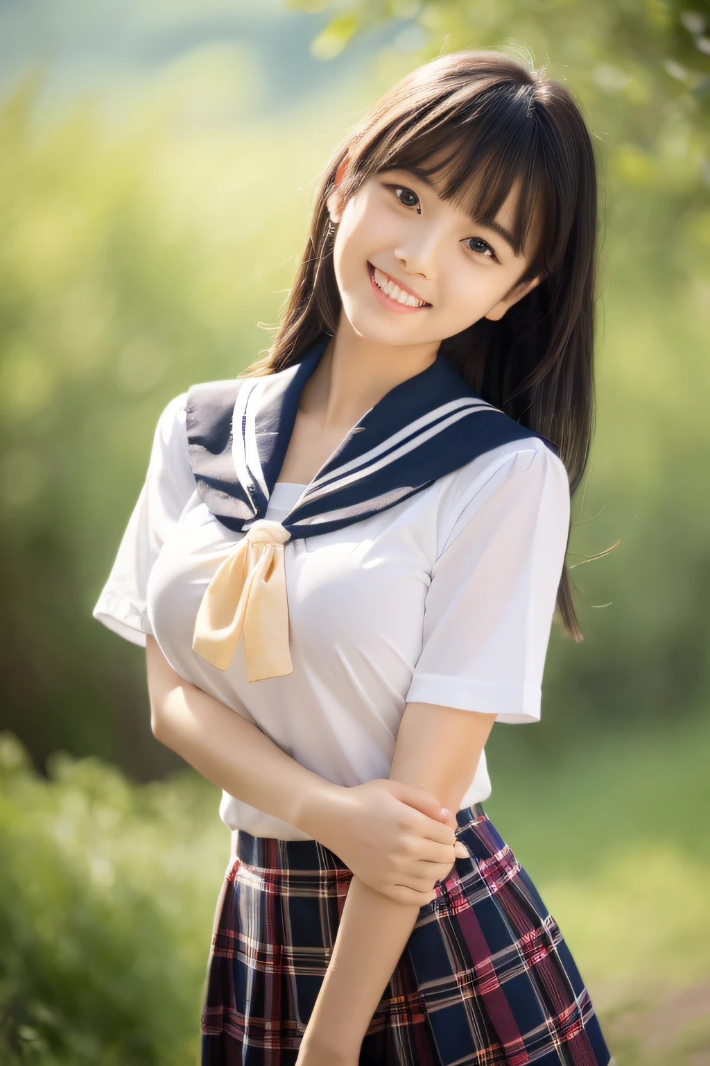 8K raw photo, Best quality, masterpiece, ultra high res, 3d, realistic, 1girl, asian, black_hair, bangs, black_sailor_collar, long_hair, nose, school_uniform, neckerchief, natural skin texture, light brown_eye, detailed eyes and face, lips, lipstick, smile, teeth, beautiful legs, enormous breasts, beautiful nature location, (detailed background), plaid skirt, white shirt, enormous breast, blurry background, short sleeves