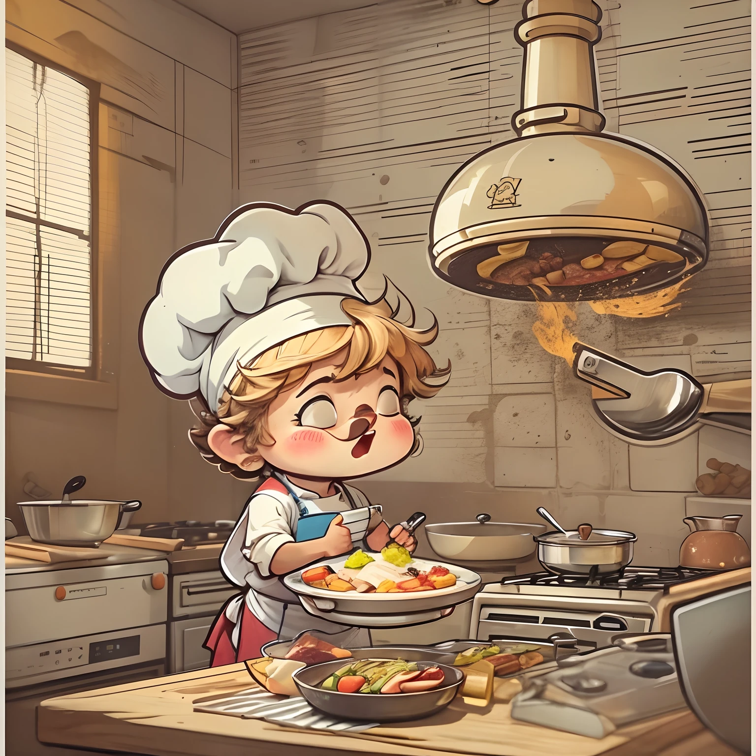 Adorable little chef cooking,The expression is focused on cooking,Side view,Comic cartoon style