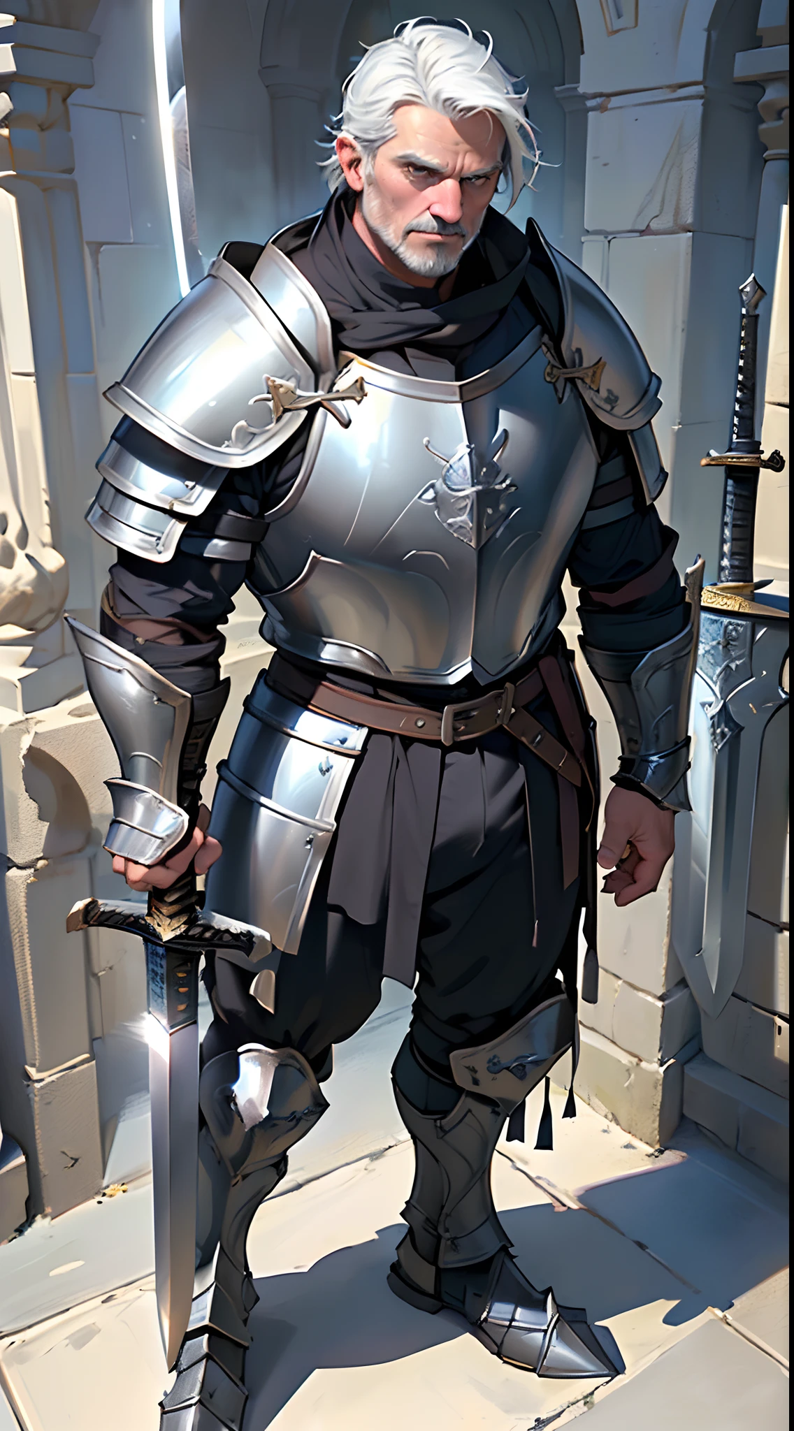 Solo，Absurd resolution、hight resolution、(​masterpiece:1.4)、ultra-detailliert、(Detailed finger),((One middle-aged man)),((Knights))、((Nightman)),Fantasy costume,Original Character,((Wearing armor))、((Heavy armor、breastplates)),(With a Western sword:1.5),((Costumes of medieval Europe)),, (Facing:1.2),(Full body portrait),(Standing:1.3),((white backgrounid:1.4))