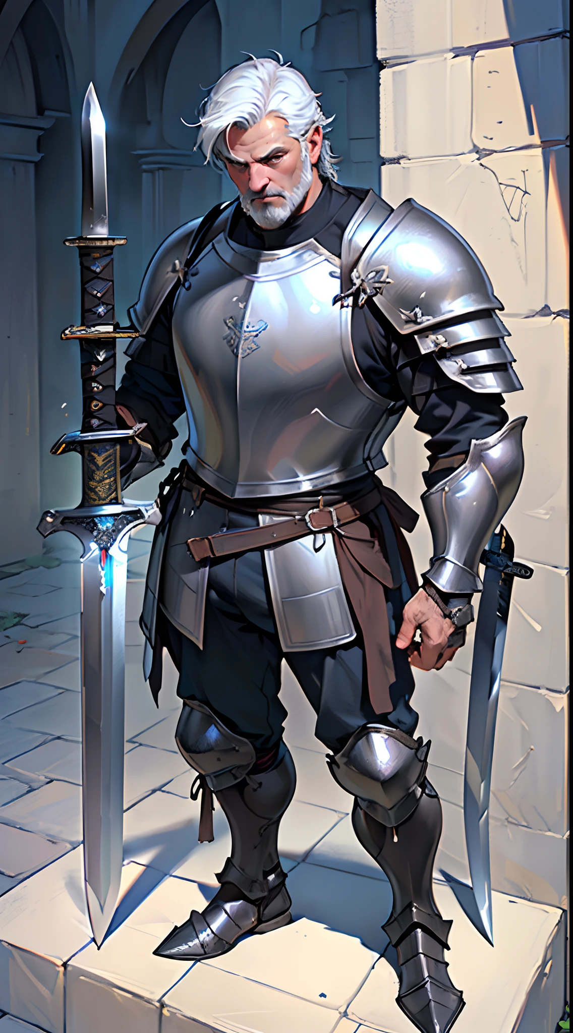 Solo,Absurd resolution、hight resolution、(masterpiece:1.4)、ultra-detailliert、(Detailed finger),((One middle-aged man)),((Knights))、((Nightman)),Fantasy costume,Original Character,((Wearing armor))、((Heavy armor、breastplates)),(With a Western sword:1.5),((Costumes of medieval Europe)),, (Facing:1.2),(Full body portrait),(Standing:1.3),((white backgrounid:1.4))