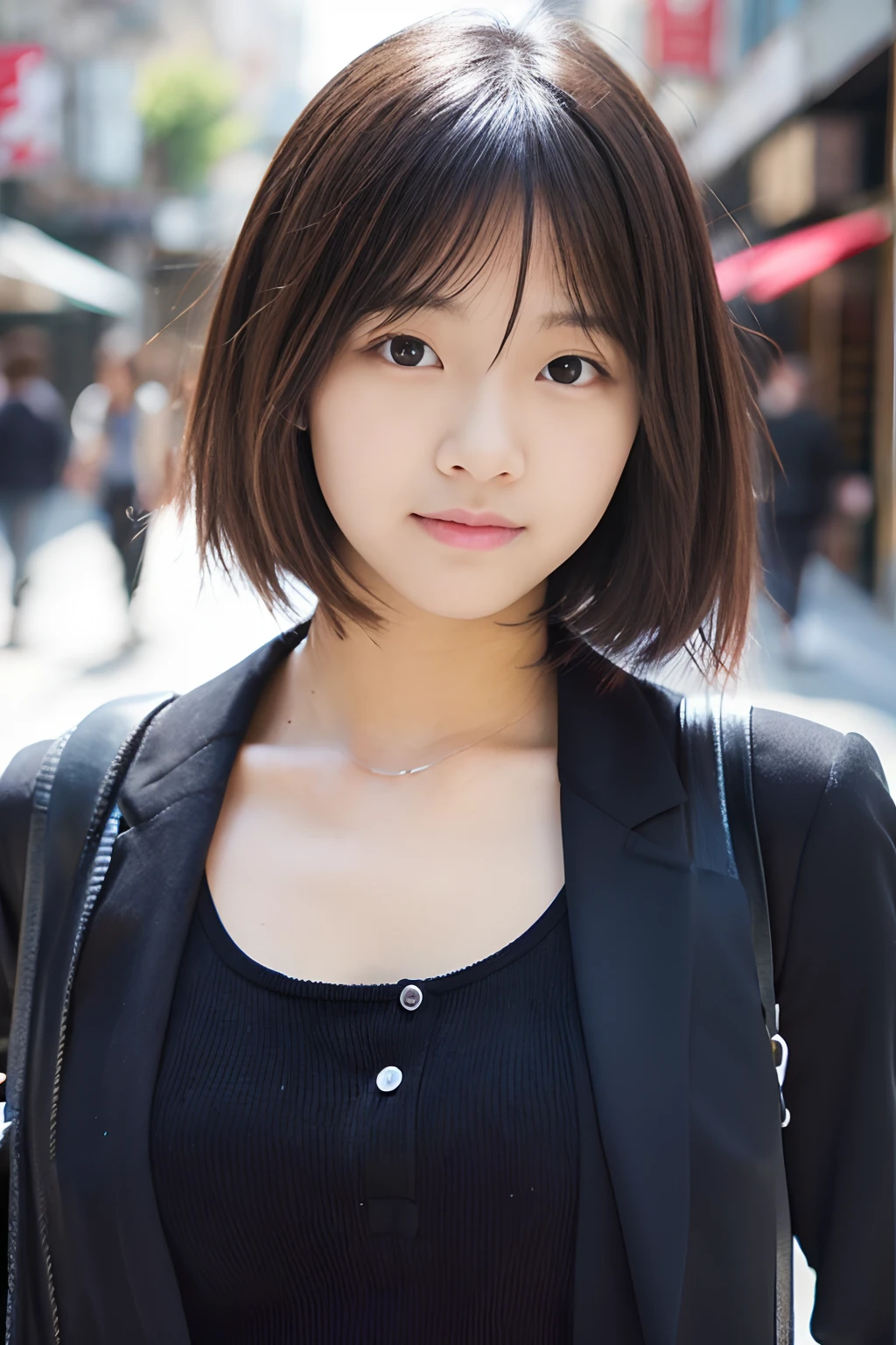 15-year-old girl, short detailed hair, Photo., Black top