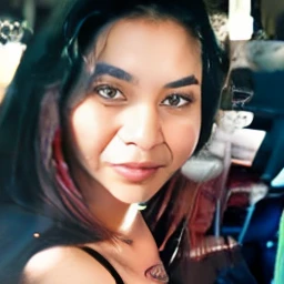 adult woman, detailed short messy black hair, mid shot, muscular, solo, barista clothing, starbucks uniform, selfie, large breasts, very dark tan supermodel, beautiful face, blue eyes, detailed body, perfect eyes, perfect face, daytime lighting, detailed shadows, HDR, photoreal, well lit, inside bar, selfie