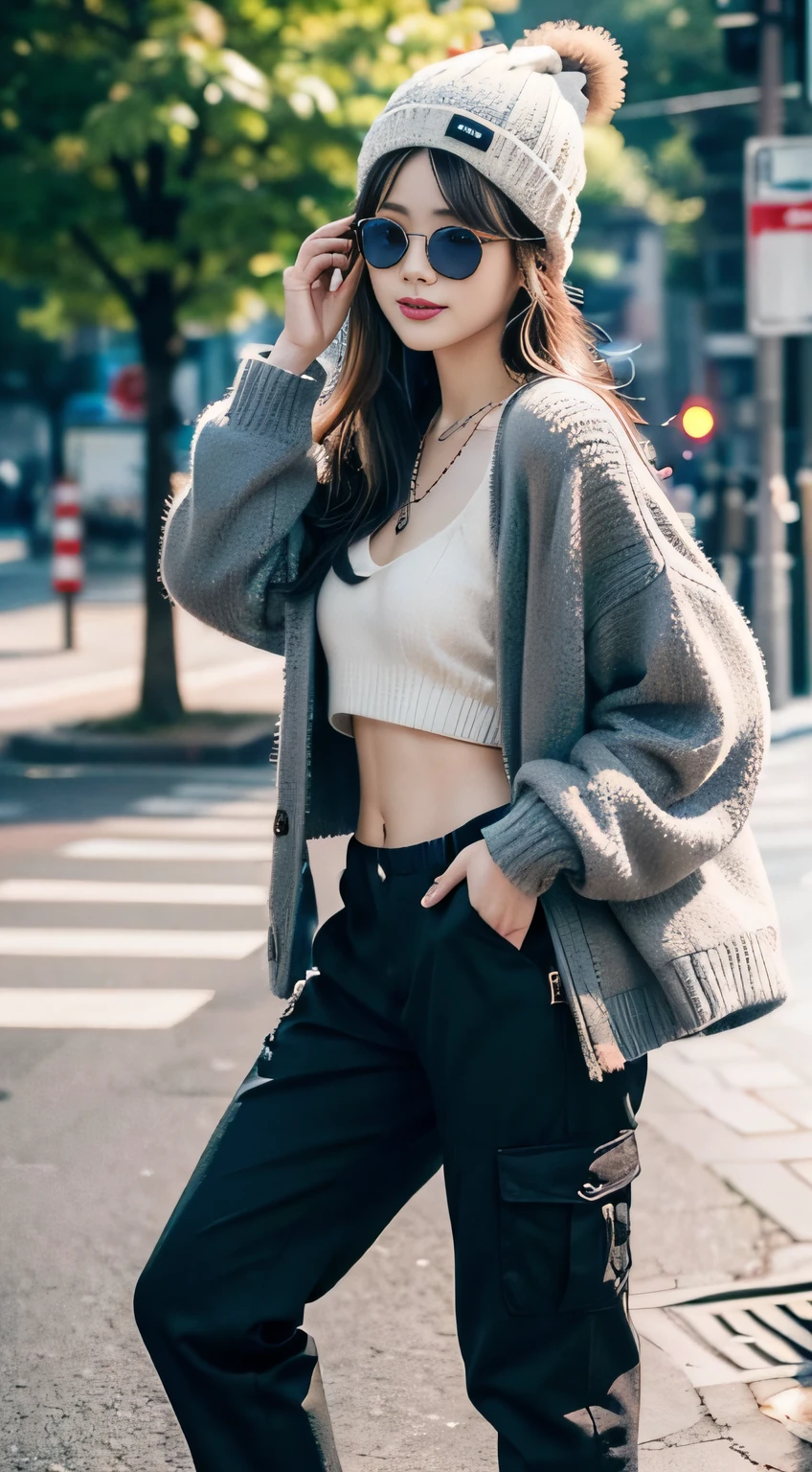 （３２K,high-detail,high detal,hight resolution,highdensity,独奏,Lori：1.3）,（Realistic people,Live action,A detailed eye,High resolution eyes,Fine eyes,Eyes that look like they are alive,beautiful dark blue eyes,Fishing eyes,Detailed lips,Crystal clear white skin,detailed realistic faces：1.3）,（Japanese ido,Korean Idols,model in Japan,Korean models,Korean K-Pop Female Idol：1.2）,（with a flushed face,natural make up,a necklace,piercings,Navel piercing：1.4）（Military Cargo Pants,Colorful tops with oversized silhouettes,Large coat,Leather boots,Knitted hats,Mode-based beautiful eye casual：1.6）,（well-shaped breasts：1.5）,（Young but very beautiful Korean１6 years old little girl,Cool eyes,little smiling,facing back,turned around,Looking at the camera,Fashion Leader,fashion modell,Soft skin,Unforgettable eyes,Her eyes are too beautiful,I want to go to Paris Collection......,Cutting-edge fashion：1.6）,（showing your whole body,Show full-body fashion,Stylish blue glasses：1.7）