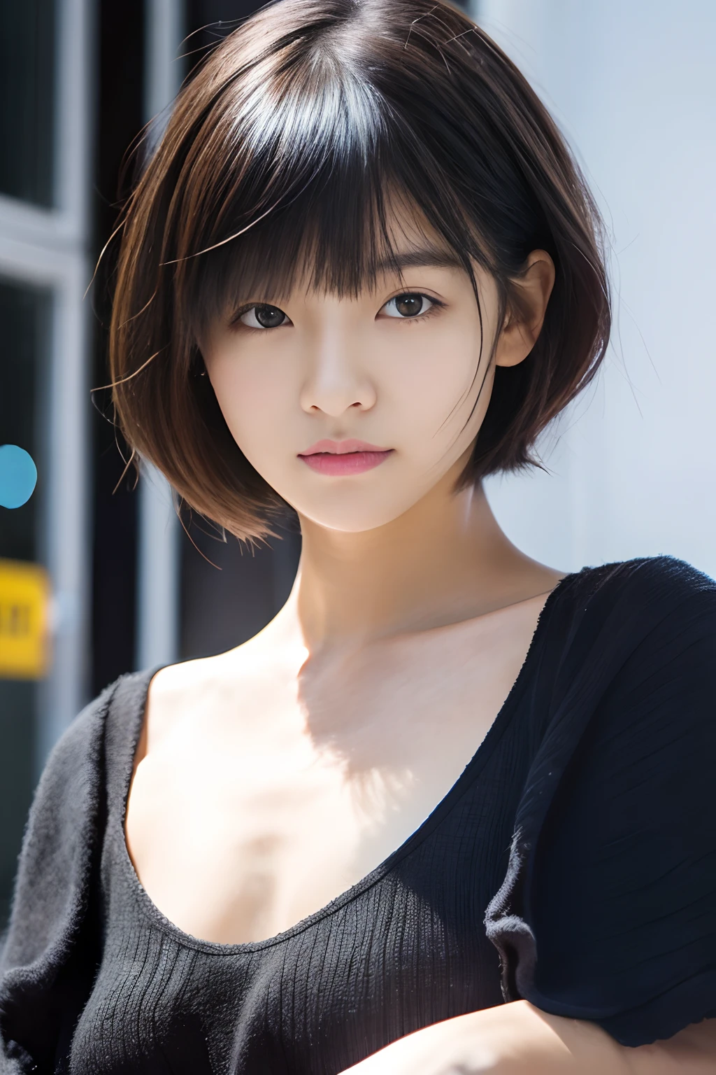 18-year-old girl, short detailed hair, Photo., Black top
