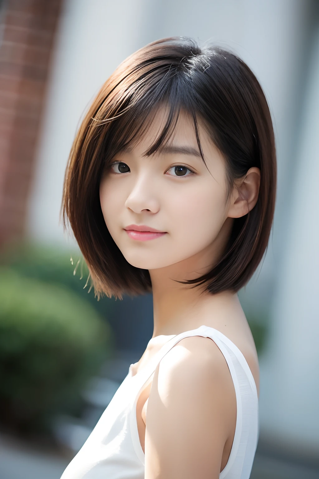 18-year-old girl, short detailed hair, Photo., White top