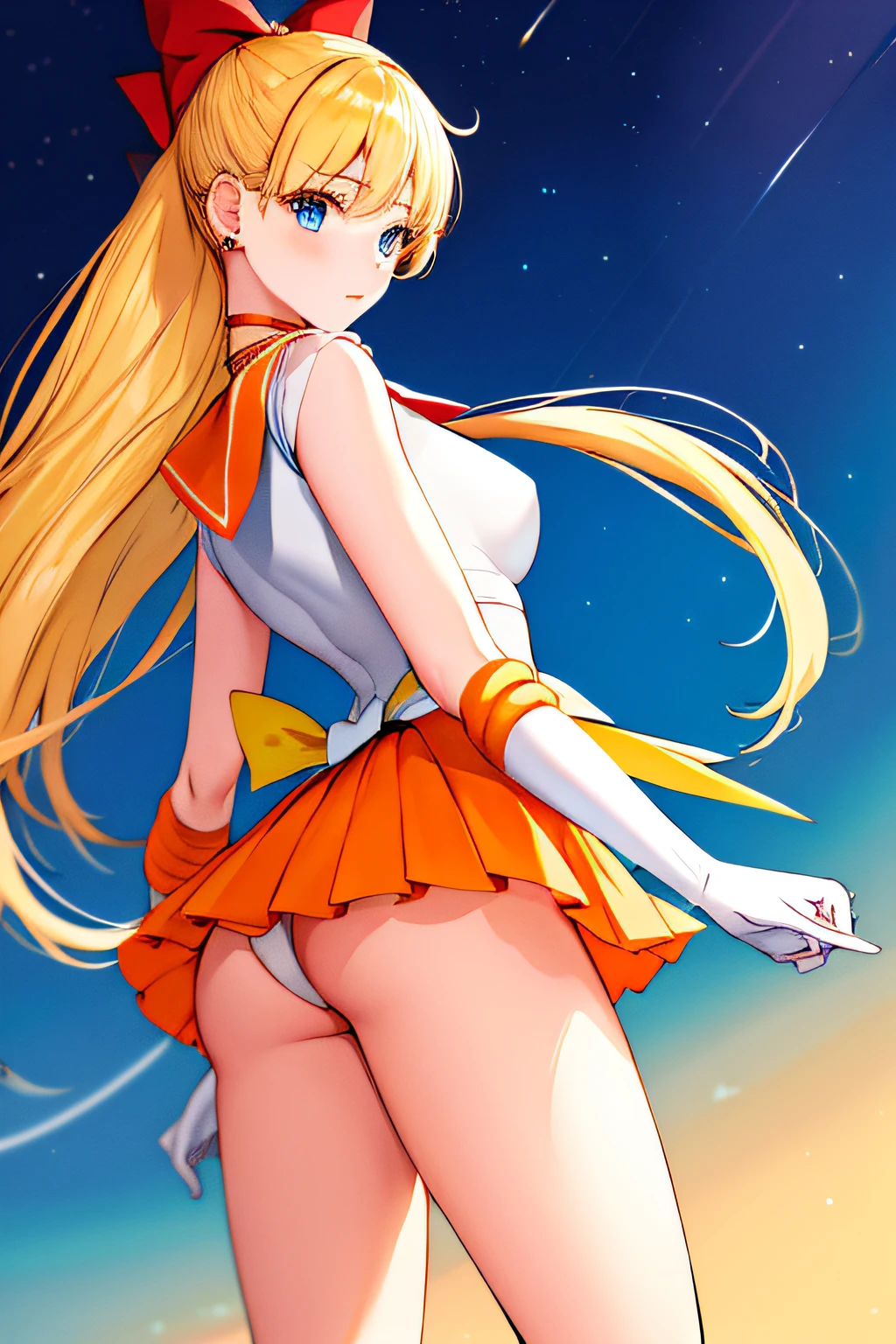 masutepiece, Best Quality, High resolution, venus1, 1 girl, Solo, Warrior Sailor Suit, sailorvenus, aino minako, Blonde hair, magical girl, Blue eyes, Orange Ultra Mini Skirt, Elbow length gloves, tiarra, Pleated skirt , Hair Bow, Orange Sailor Necklace, Ultra mini skirt, Choker, Red bow, orangechoker, White Gloves, Very long hair, Jewelry, earrings, Standing, from behind, Show your ass with your skirt up, up skirt, unlaced