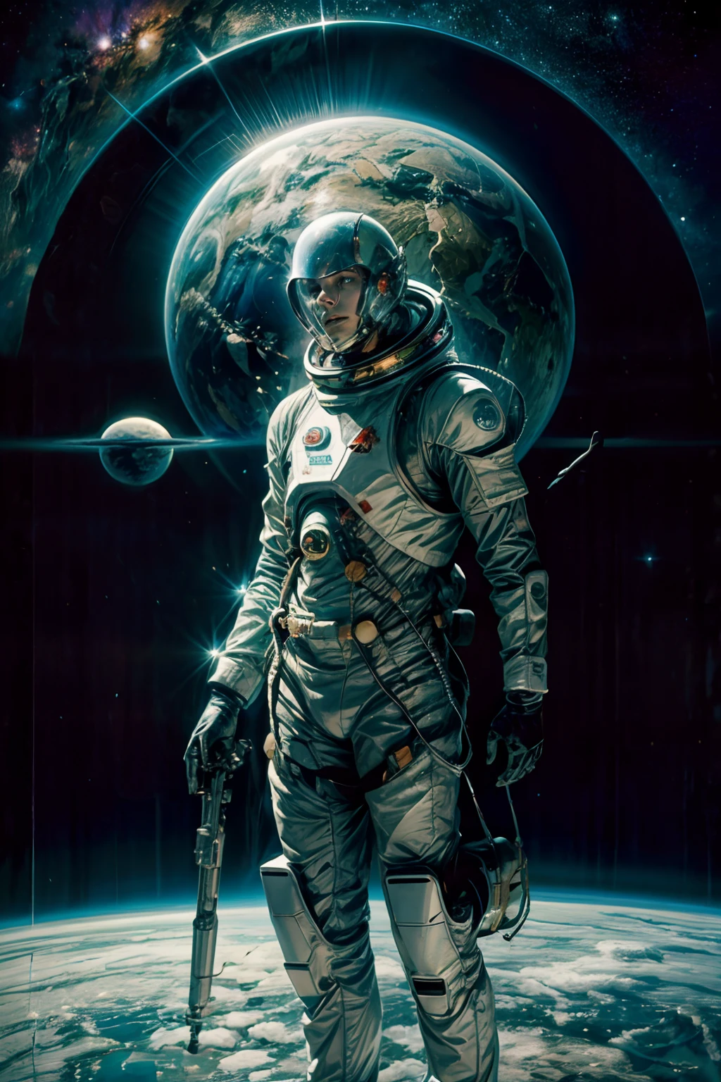 "A detailed painting of an alien man dressed as a space guard, explorando uma paisagem extraterrestre adornado com vibrante, flores de outro mundo. Sci-fi wonderland, imaginativo, aventura espacial." Com guerra e ets, homem latino astronauta