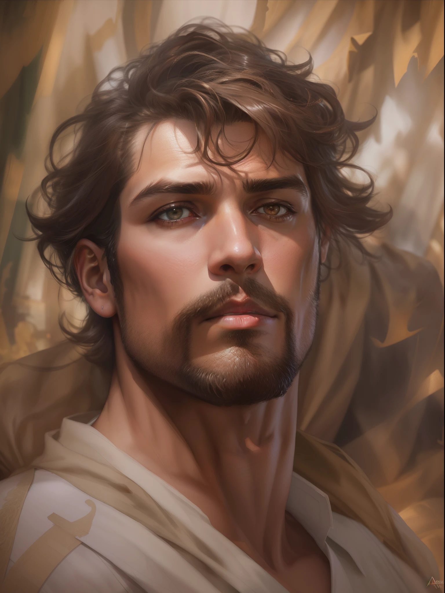 (Masterpiece) An extraordinarily handsome man wrapped in old dirty cloth, wide angle, ((detailed environment)), muscular, fit, heavenly handsome, atractive, very seductive, detailed background, lifelike, ((highly detailed)), ((intricate)), detailed face, natural colors, ((((professionally color graded)))), photorealism, 8k, crisp lighting, trending on tumblr, art by artgerm and greg rutkowski and alphonse mucha and loish and WLOP
