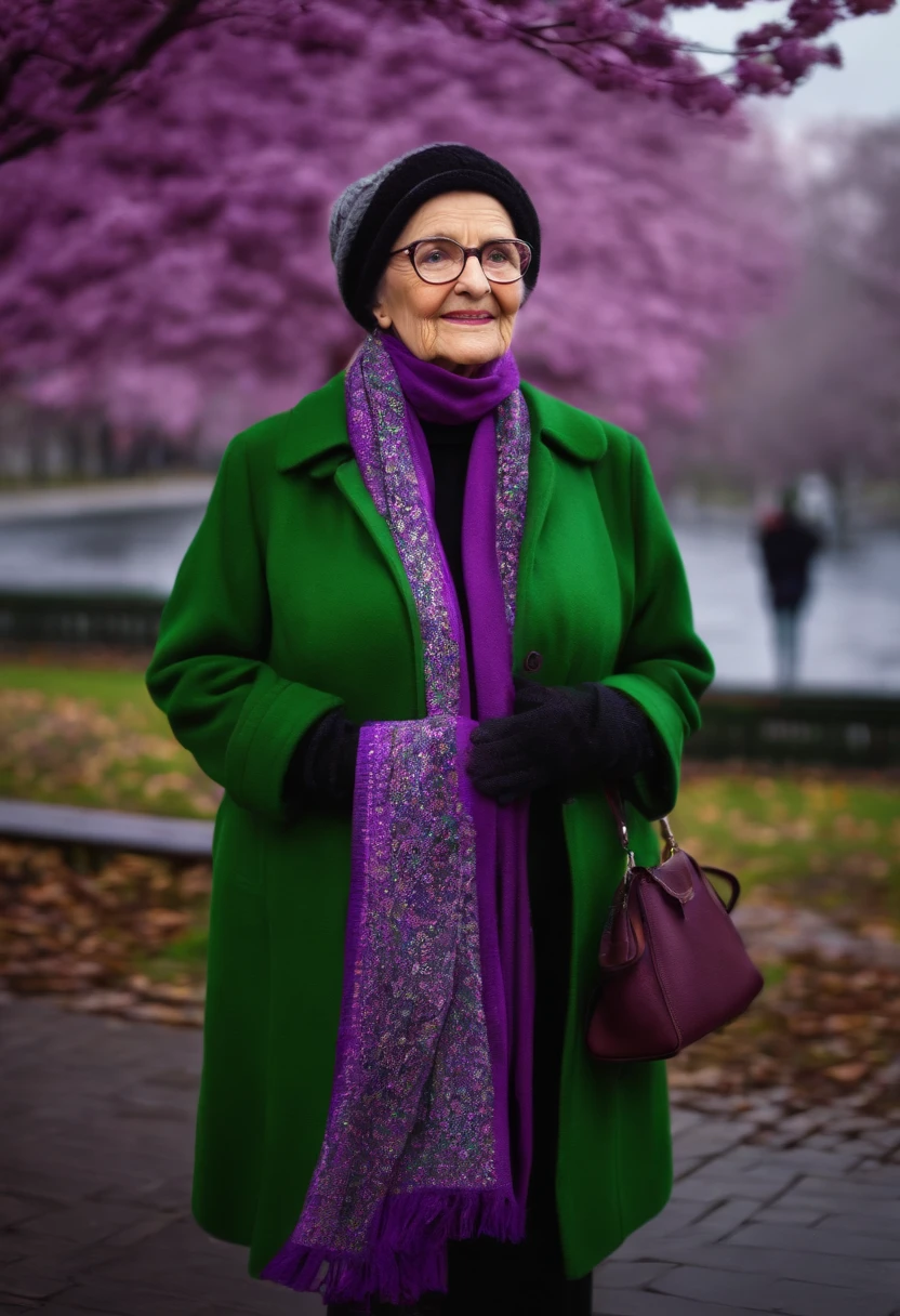 masterpiece, best quality, an old woman with glasses and a scarf on, wearing a purple coat and green scarf, standing at the park