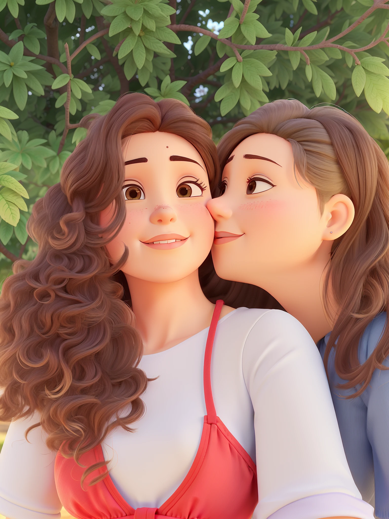 Casal de namoradas. Uma garota tem olhos castanhos escuros, pele branca, de cabelos castanhos, crespos, bem cheio e comprido nos ombros e encaracolado com cachos. The Other Girl Medium Straight Hair, castanho claro, medium brown eyes