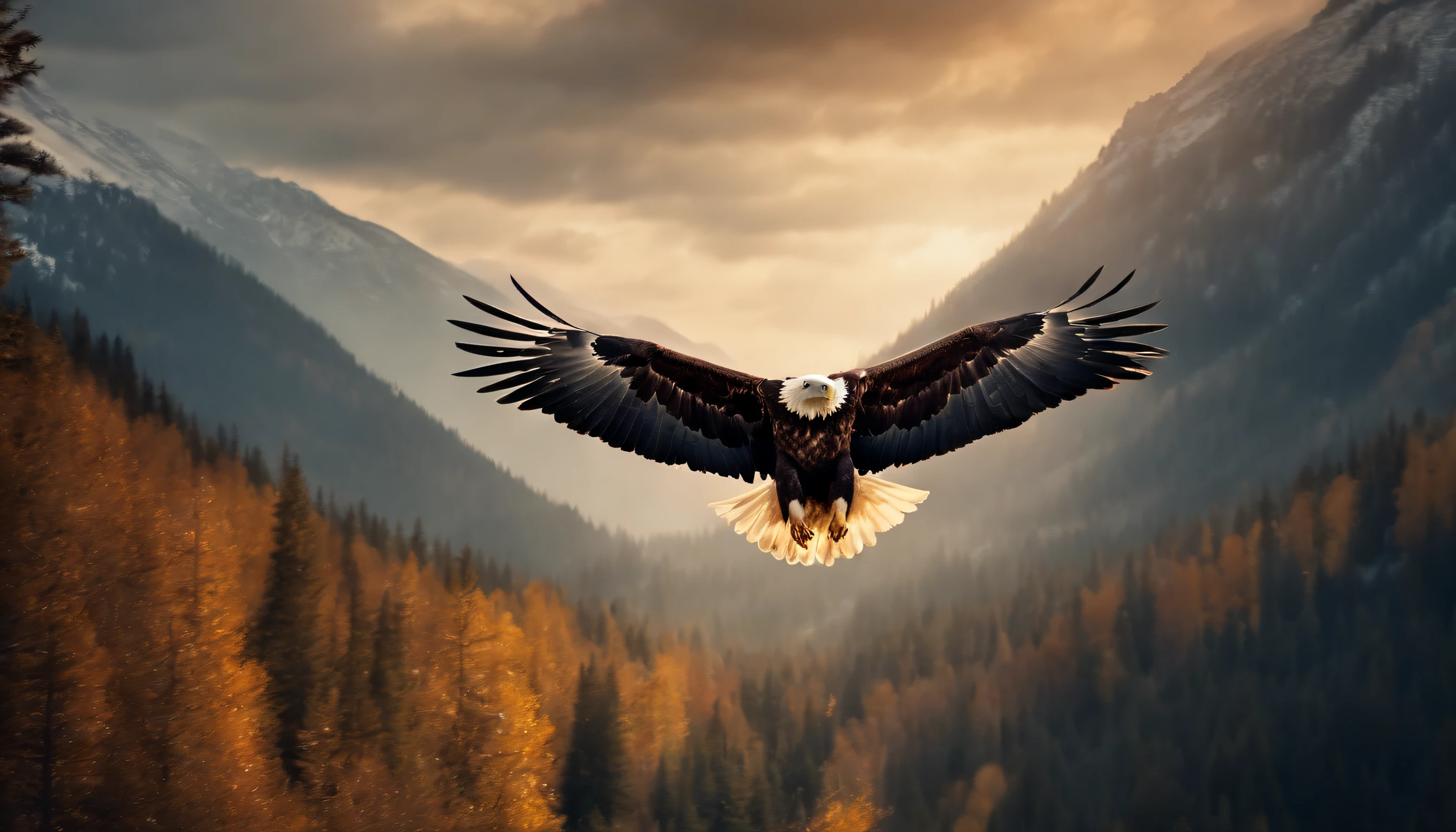 A painting of eagles flying through the mountains and forest