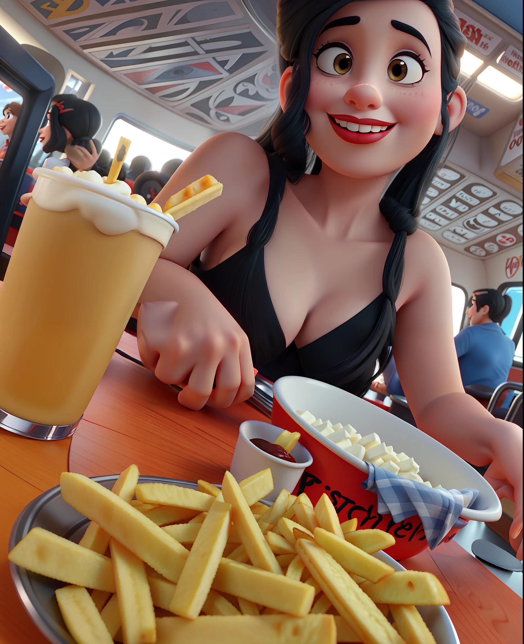 Pixar Disney Style High Quality Best Quality In This Image Is Smiling Woman With Long Black Hair And Red Lipstick With Big Breasts Eating French Fries In A Diner