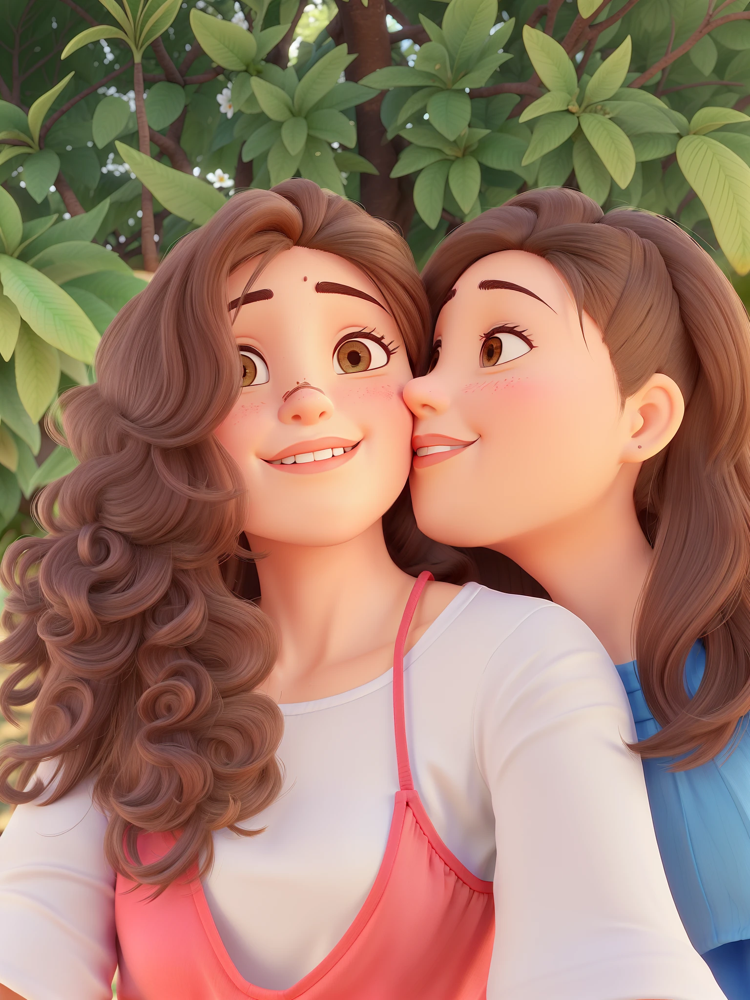 Casal de namoradas. Uma garota tem olhos castanhos escuros, pele branca, de cabelos castanhos, crespos, bem cheio e comprido nos ombros e encaracolado com cachos. The Other Girl Medium Straight Hair, castanho claro, medium brown eyes