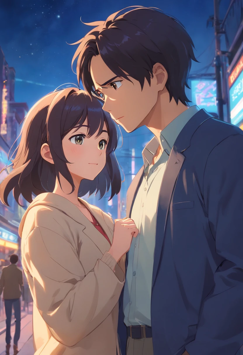 "A Disney Pixar style masterpiece illustration, de um casal,o homem tem cabelo curto,loiro escuro, com pouca barba, The man is a dentist wearing a black lab coat, The woman is a psychologist, com cabelo escuro, ambos sao joven de 28 anos. Featuring perfect body proportions and an impeccably detailed head, in high definition."