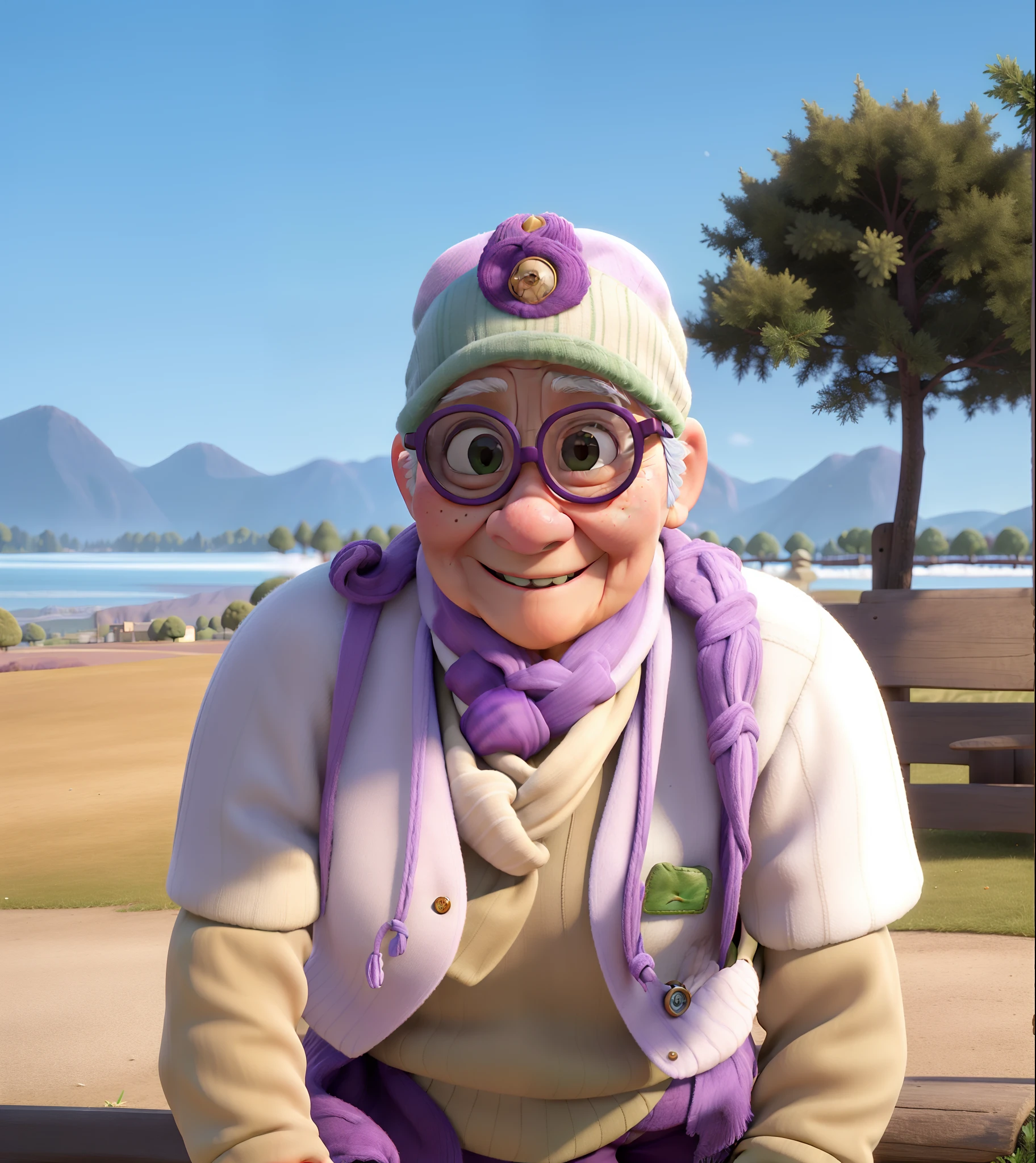 masterpiece, best quality, an old woman with glasses and a scarf on, wearing a purple coat and green scarf, standing at the park
