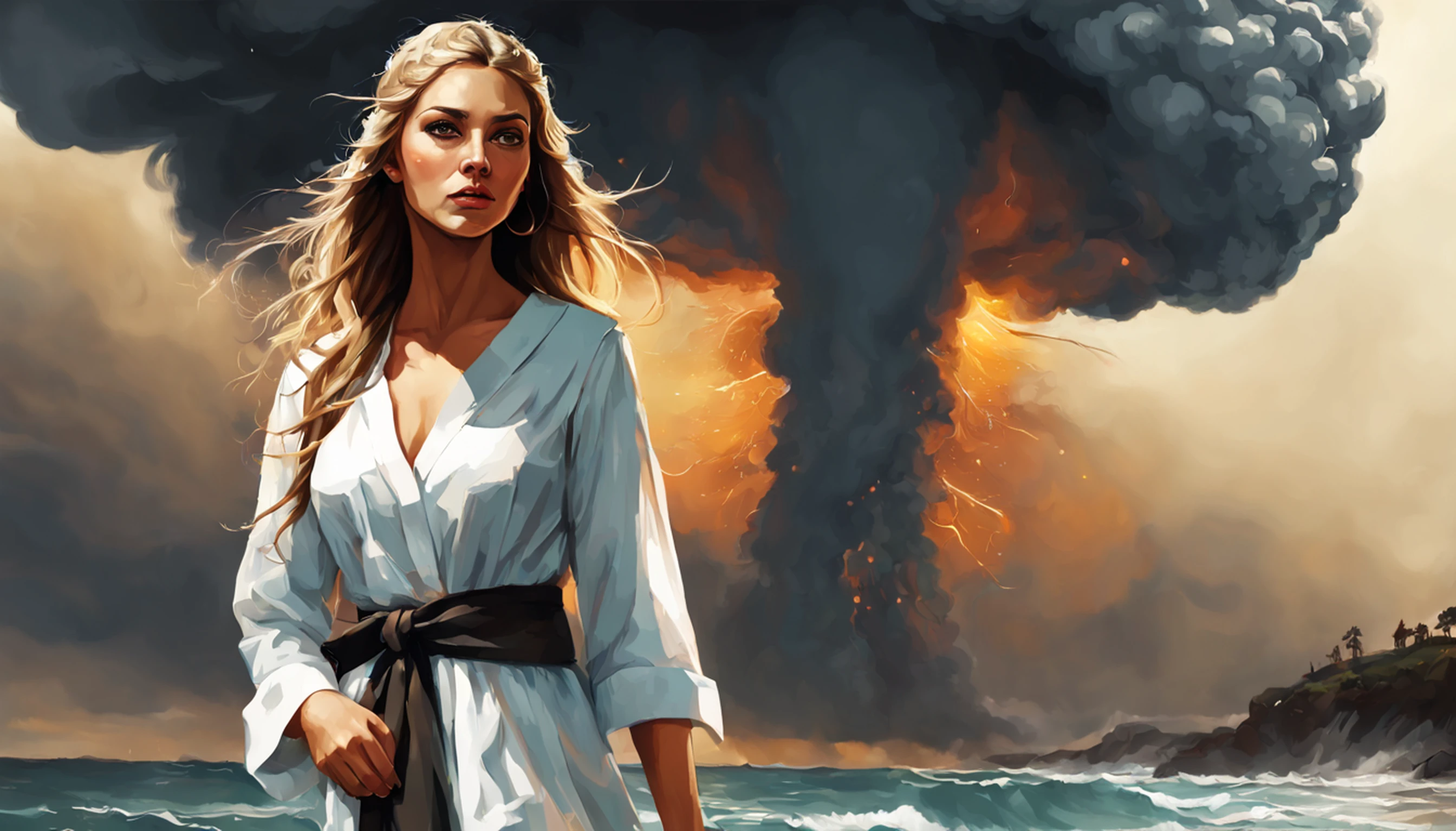 arte obra prima, best quality, illustration, Mulher guerreira viking, menina detalhada bonita, brilho bonito detalhado bonito, (Chamas de guerra: 1.2)، (nuclear explosion: 1.3), chuva, Detailed lighting, detailed water, (belos olhos detalhados: 1.1) no expression, curto, cabelo azul celeste, cabelos desgrenhados, franja longa, cabelo entre os olhos,(vestido cinza-branco:1.1)Faixa Preta, White bows, Intermediate drive, Frente Grande, Olhar vazio, mangas compridas,(melhor qualidade:1.1)،( A obra-prima:1.4)، (Absurdos:1)