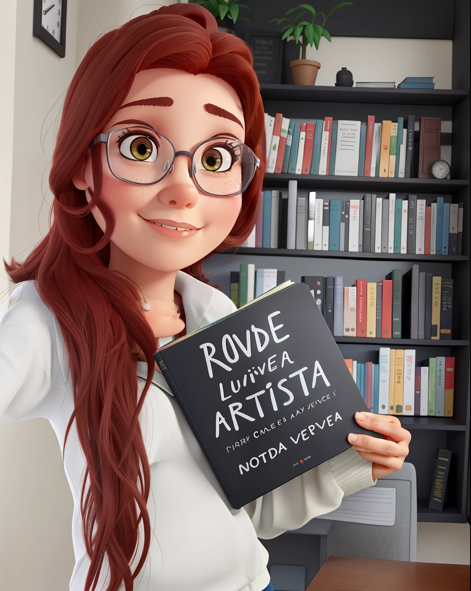 Mulher ruiva segurando um livro de capa preta, She's standing in front of a bookshelf with plants on it. Woman is wearing glasses